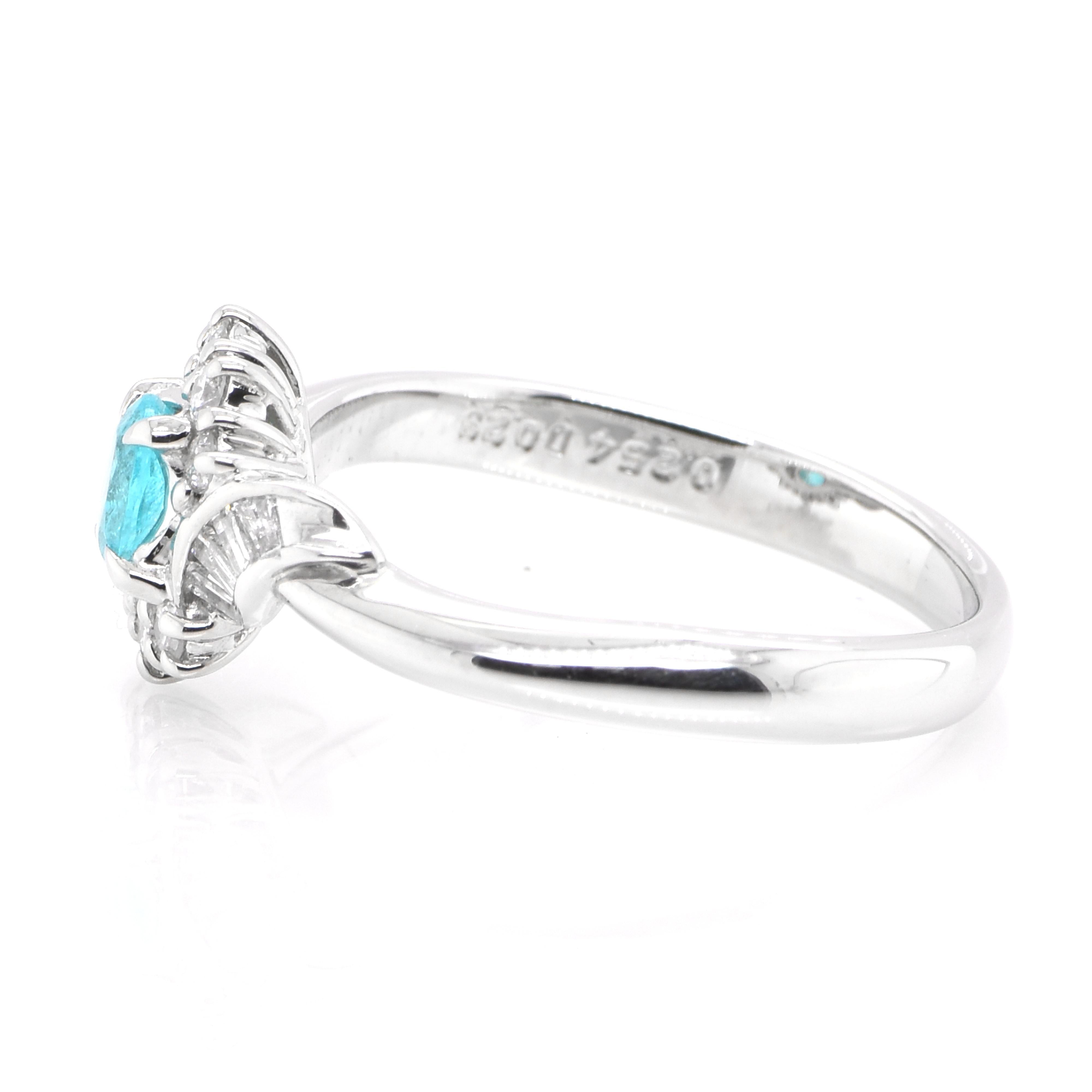 Oval Cut 0.25 Carat Natural Paraiba Tourmaline and Diamond Ring Set in Platinum For Sale