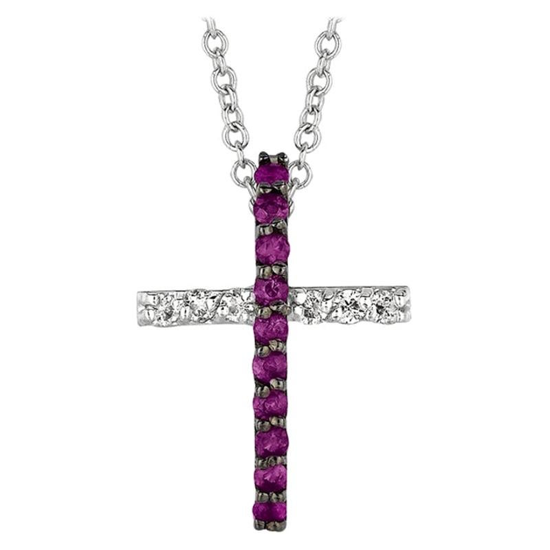 0.25 Carat Pink Sapphire and Diamond Cross Necklace 14 Karat White Gold