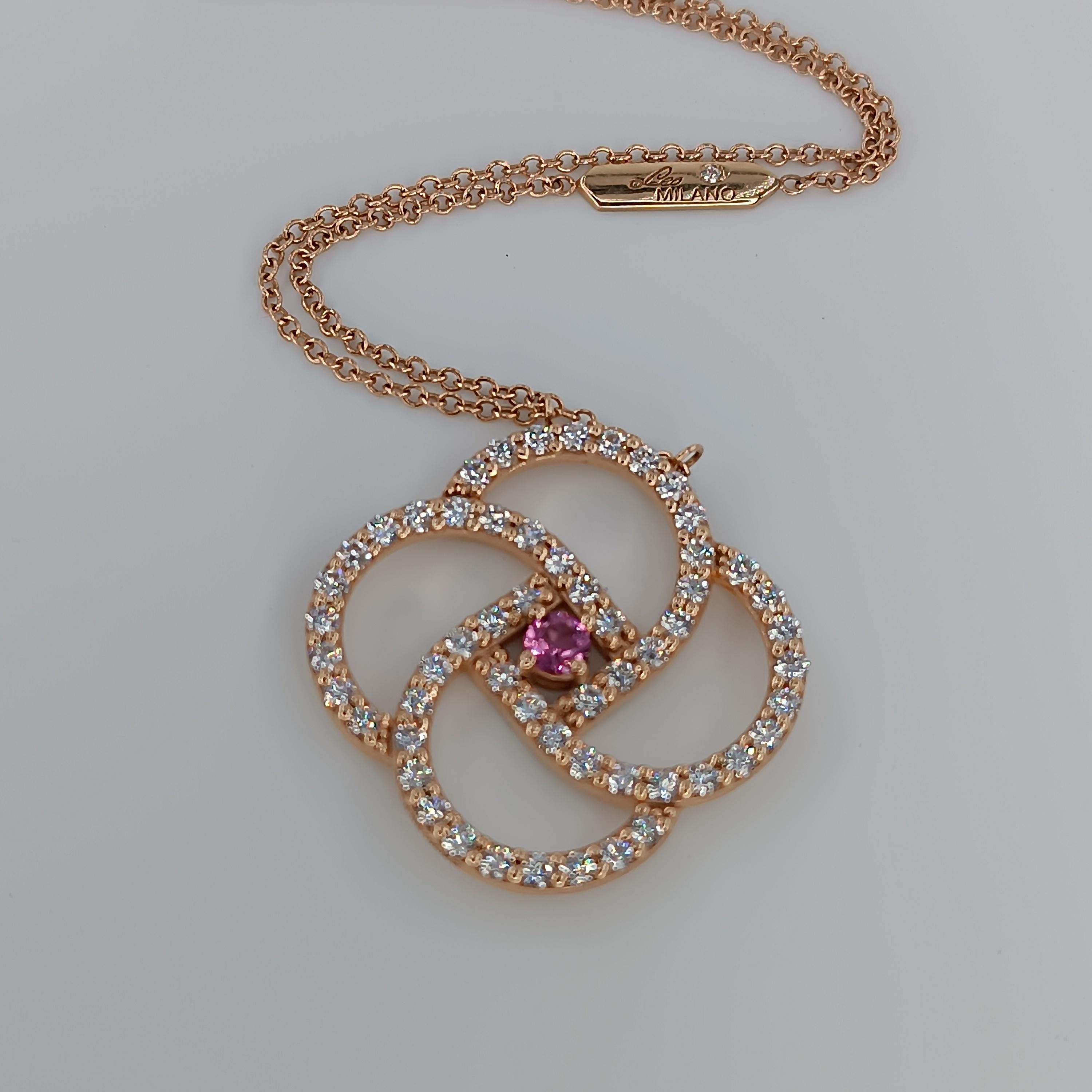 Contemporary 0.25 Carat Pink Sapphire VS G Color Diamonds 1.68 Carats.Rose Gold Necklace For Sale