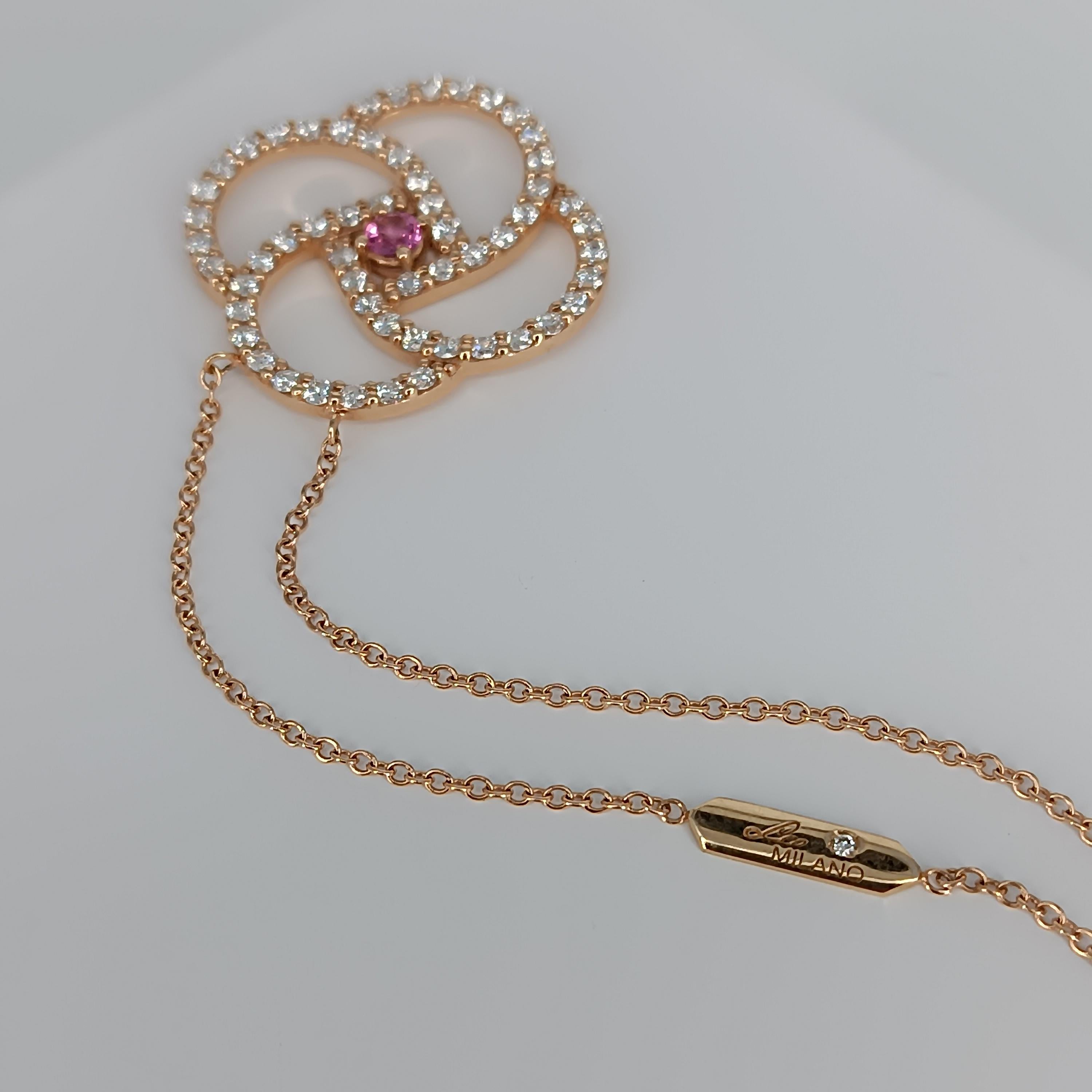 0.25 Carat Pink Sapphire VS G Color Diamonds 1.68 Carats.Rose Gold Necklace For Sale 1