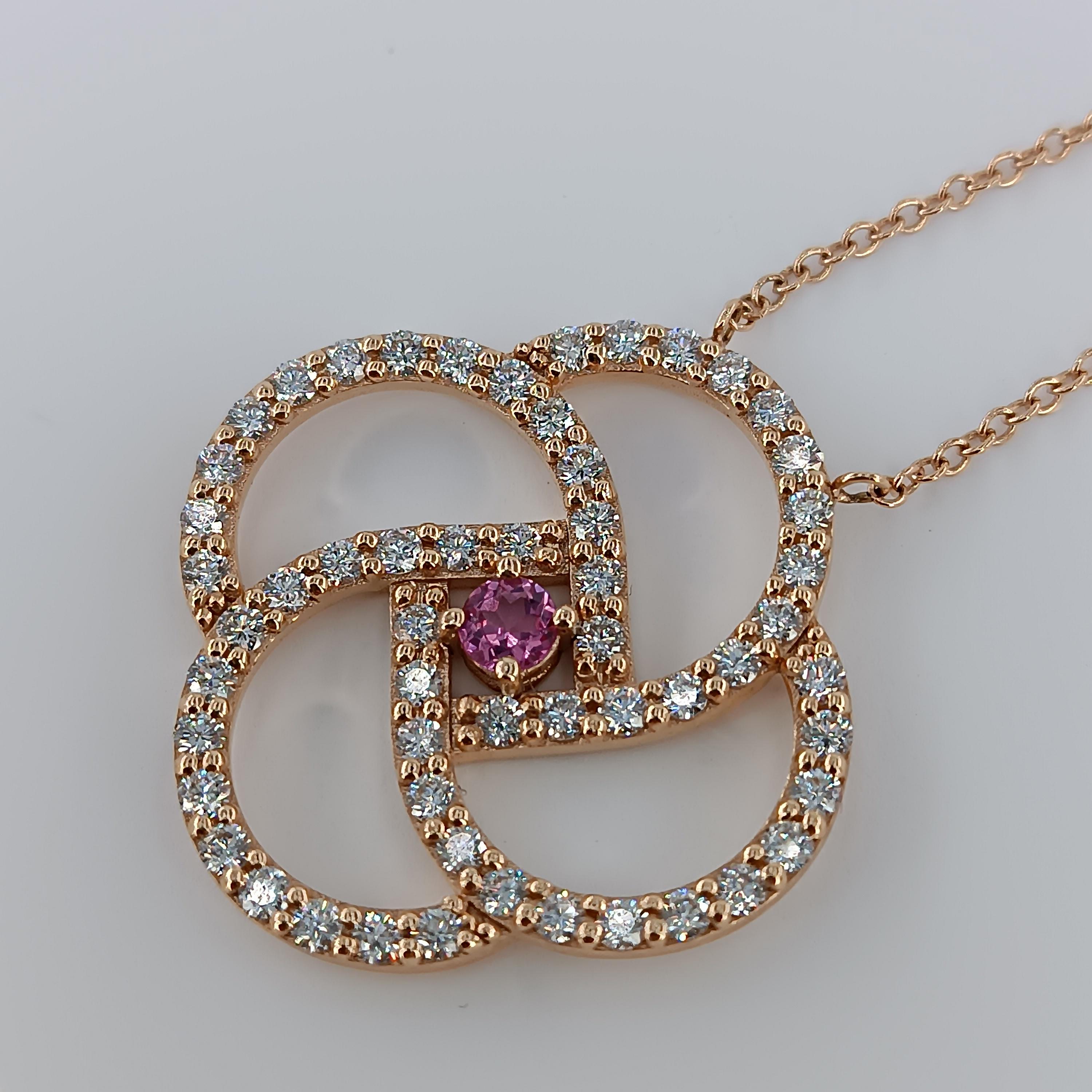 0.25 Carat Pink Sapphire VS G Color Diamonds 1.68 Carats.Rose Gold Necklace For Sale 2
