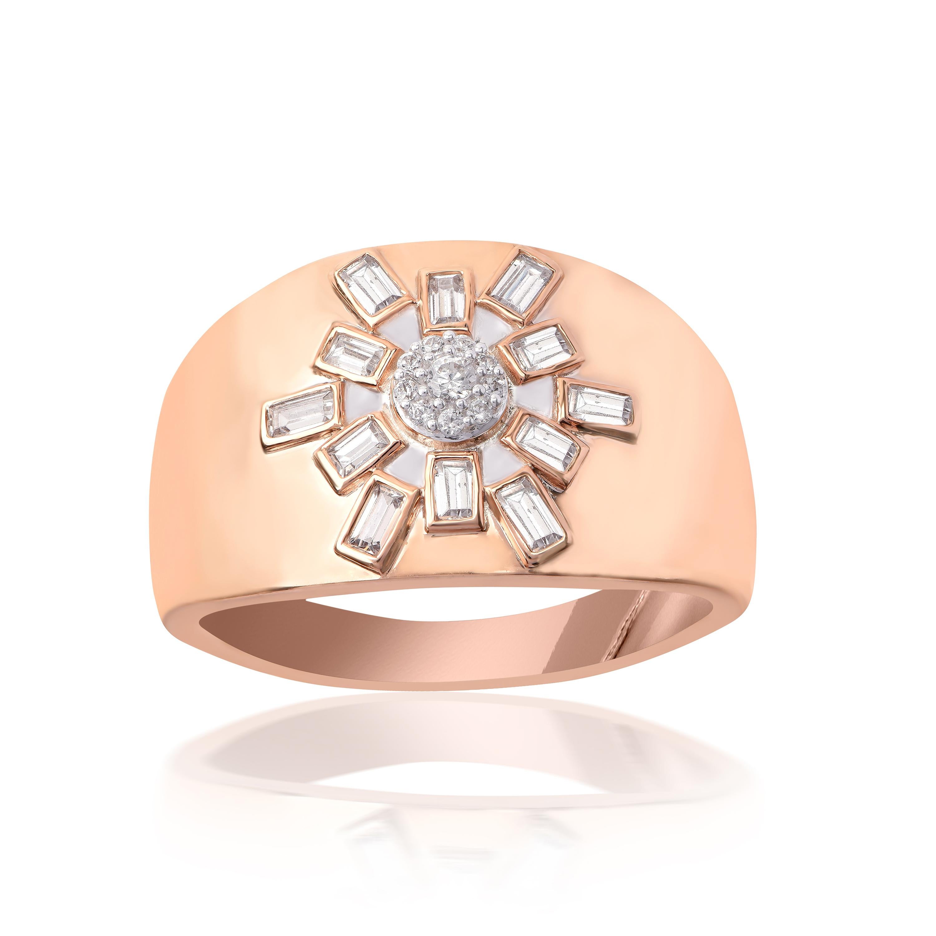 Questa splendida fede nuziale presenta 10 diamanti taglio brillante e 12 diamanti taglio baguette con incastonatura a griffe e a canale, realizzati in oro rosa 18 carati. I diamanti sono classificati con colore H-I e purezza I2.