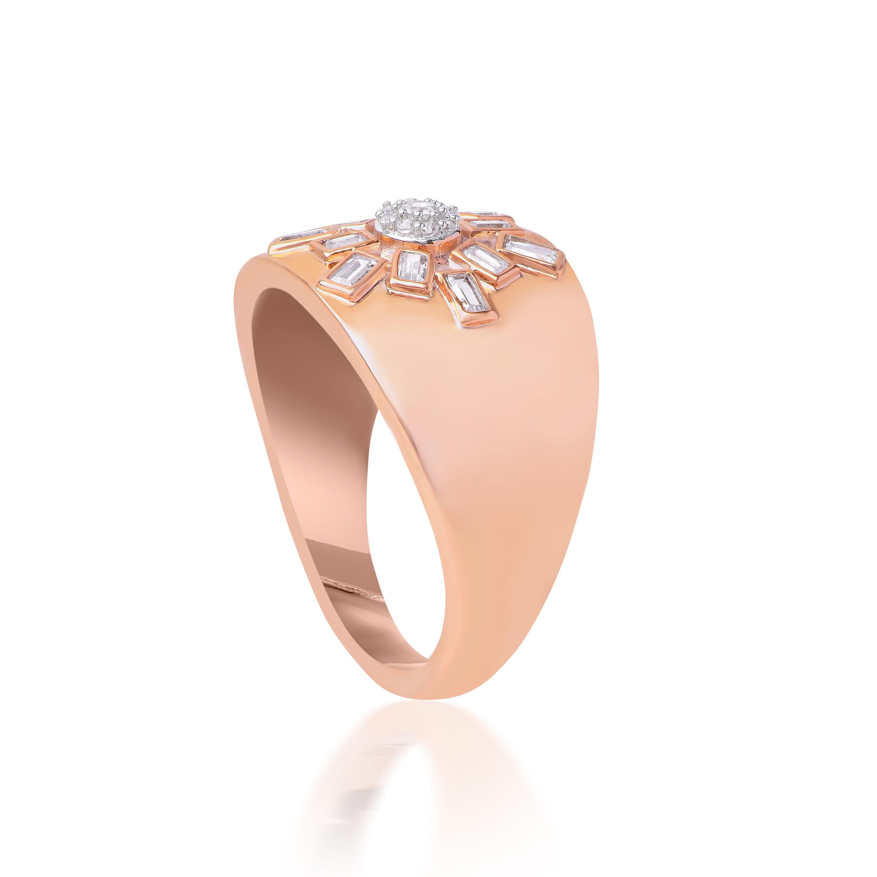 Moderno Anello con diamante rotondo e baguette da 0,25 carati in oro rosa 18KT con effetto Starburst in vendita