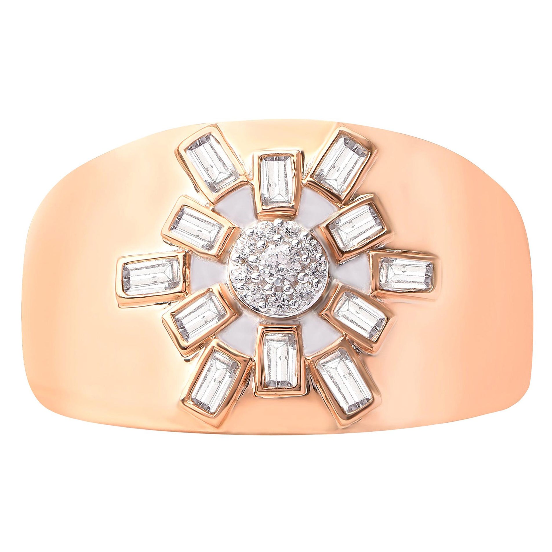 0.25 Carat Round and Baguette Diamond 18KT Rose Gold Stunning Starburst Ring For Sale
