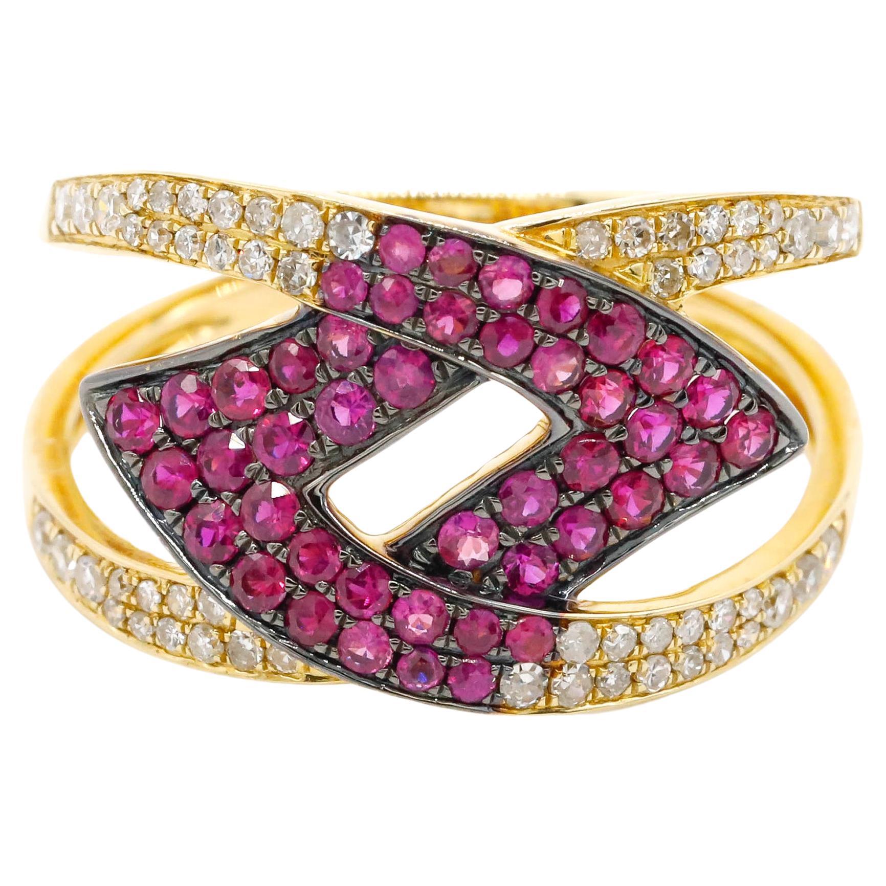 0.25 Carat Round Cut Diamond 0.62 Carat Ruby Pave 14k Yellow Gold Wrap Ring 