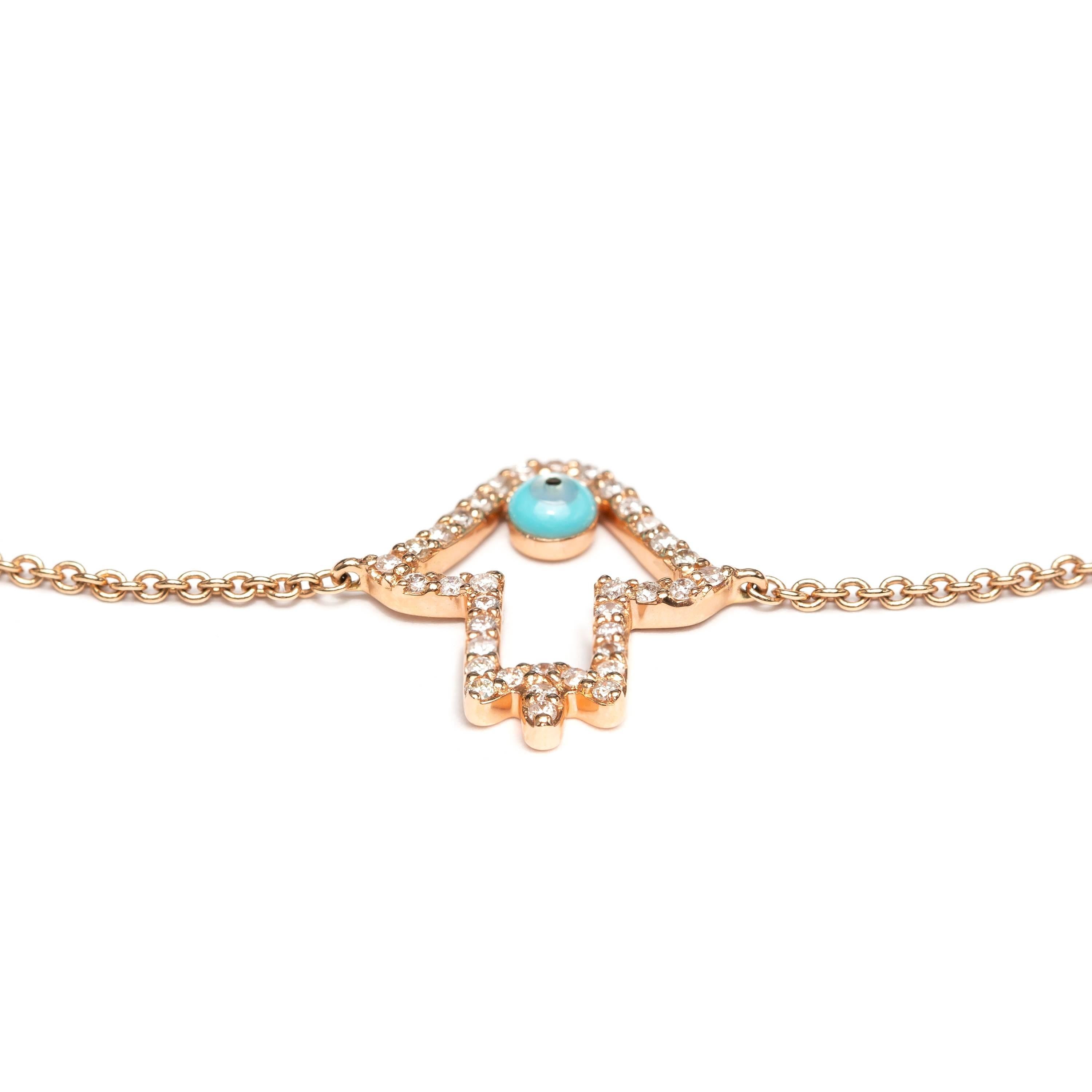 This luxurious Diamond Khamsa bracelet shimmers stunningly when it catches the light, featuring 0.25ct Round Brilliant H-SI1 Diamonds, this bracelet represents the ancient universal symbol of the evil eye, said to protect the wearer from any evil