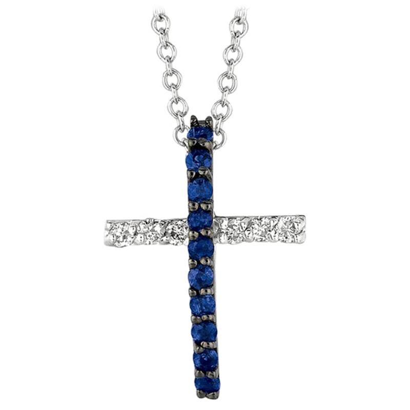 0.25 Carat Sapphire and Diamond Cross Necklace 14 Karat White Gold For Sale