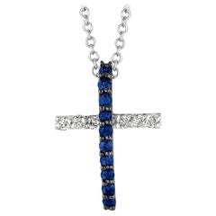 0.25 Carat Sapphire and Diamond Cross Necklace 14 Karat White Gold