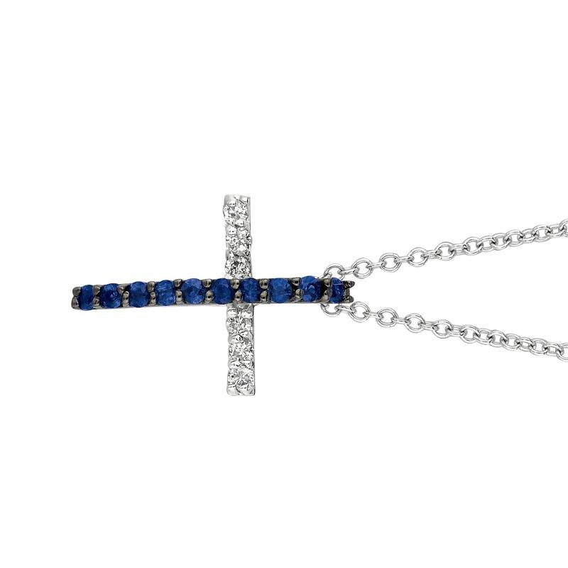 0.25 Carat Natural Diamond and Sapphire Cross Pendant Necklace 14K White Gold G SI 18'' chain

100% Natural Diamonds and Sapphires
0.25CT
G-H
SI
14K White Gold Prong style 2.10 gram
5/8 inch in length---1/2 inch in width
10 sapphires - 0.16ct, 6