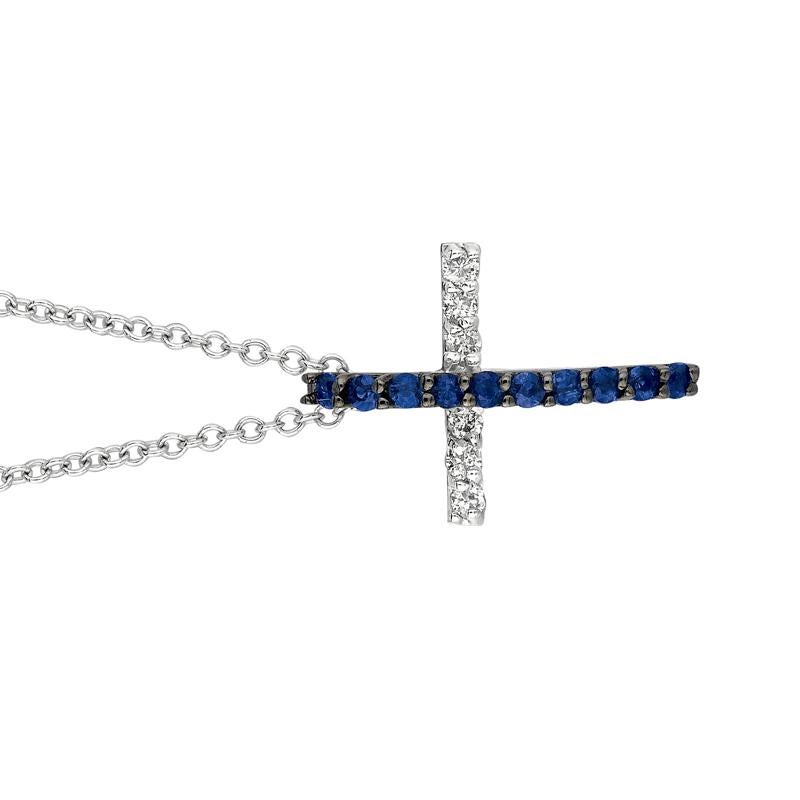 Round Cut 0.25 Carat Sapphire and Diamond Cross Necklace 14 Karat White Gold For Sale