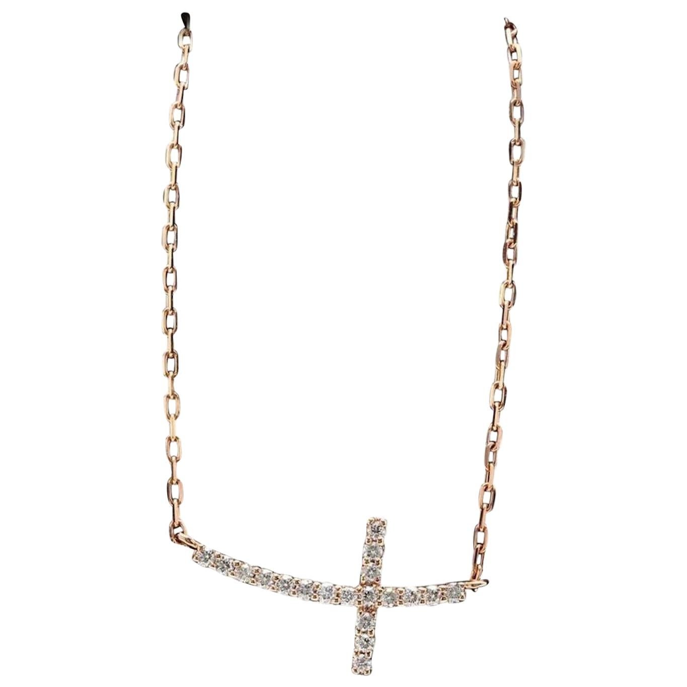 0.25 Carat Stunning 14 Karat Solid Rose Gold Diamond Cross Necklace