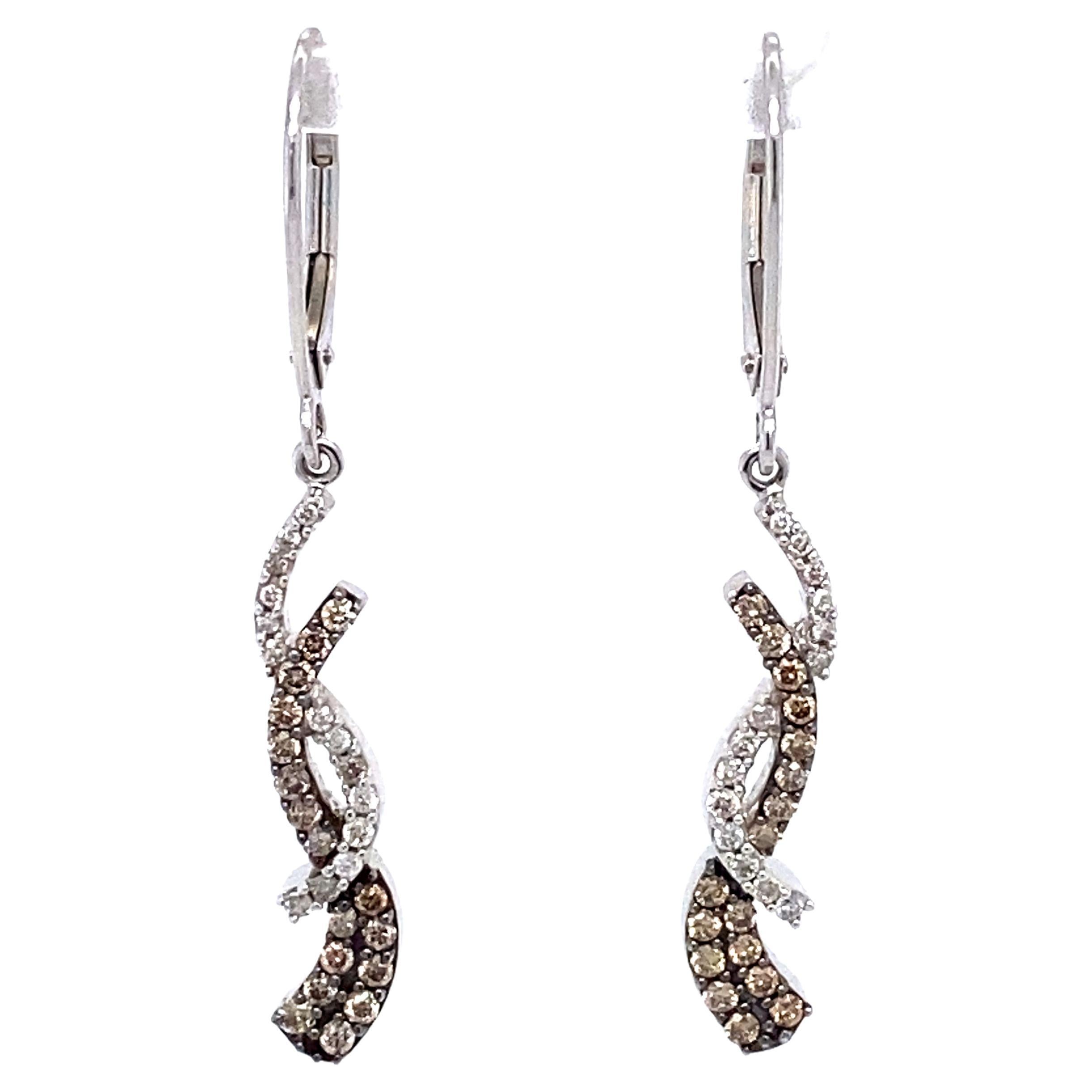 0.25 Carat White and Brown Diamond Twist Chandelier Earrings in 14 Karat Gold For Sale