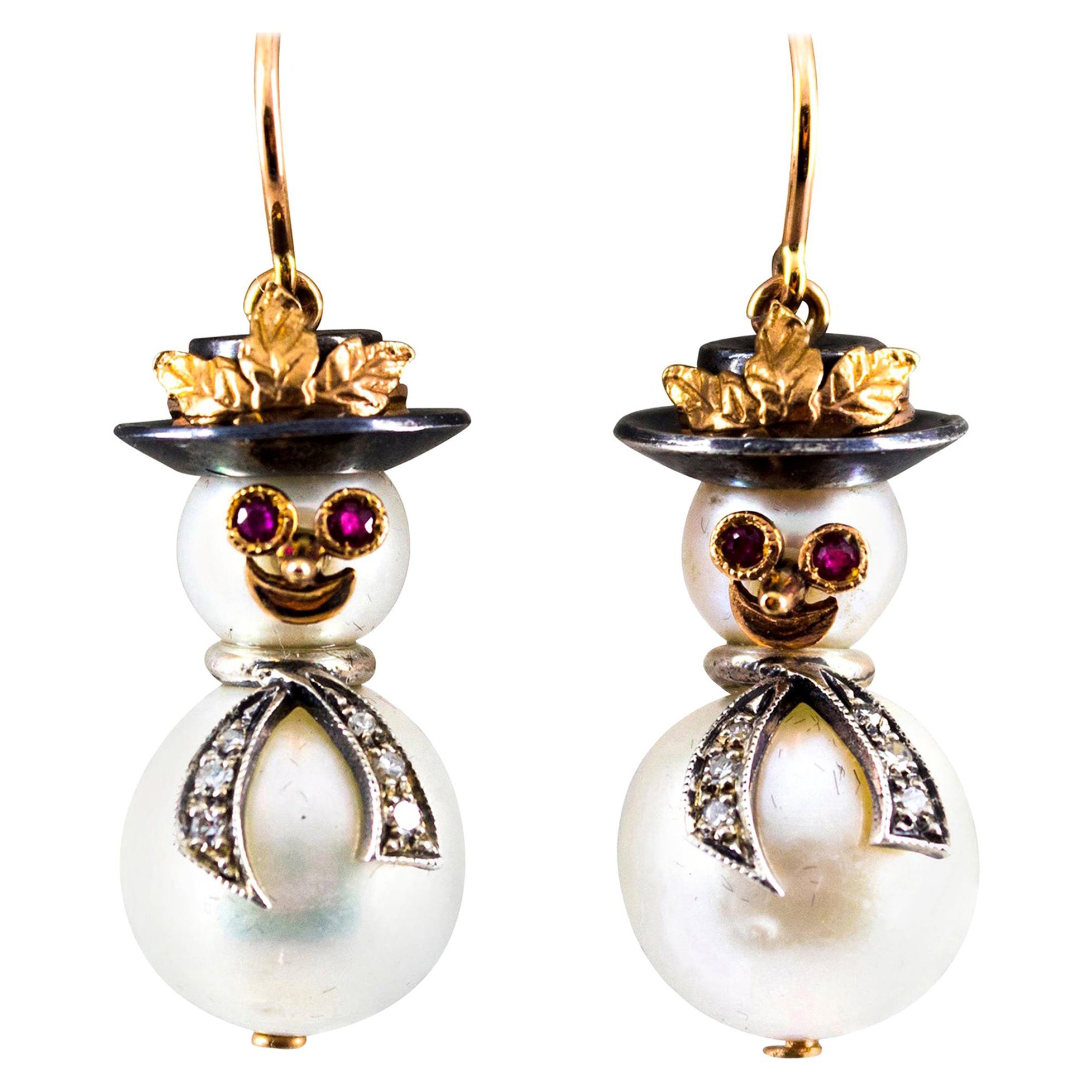 0.25 Karat Weißer Diamant Rubin Orientalische Perle Gelbgold "Schnee" Ohrstecker