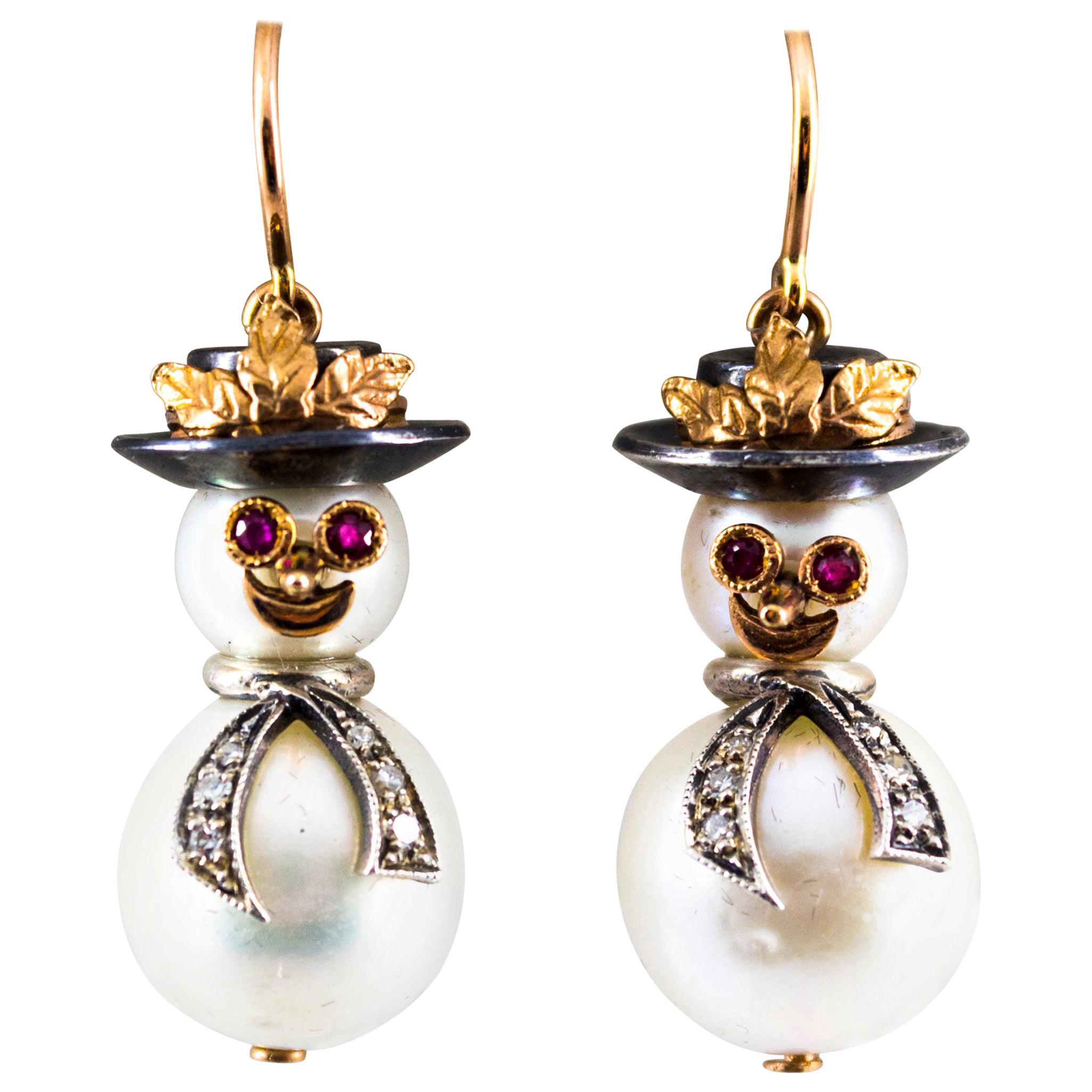 0.25 Carat White Diamond Ruby Oriental Pearl Yellow Gold "Snowman" Stud Earrings
