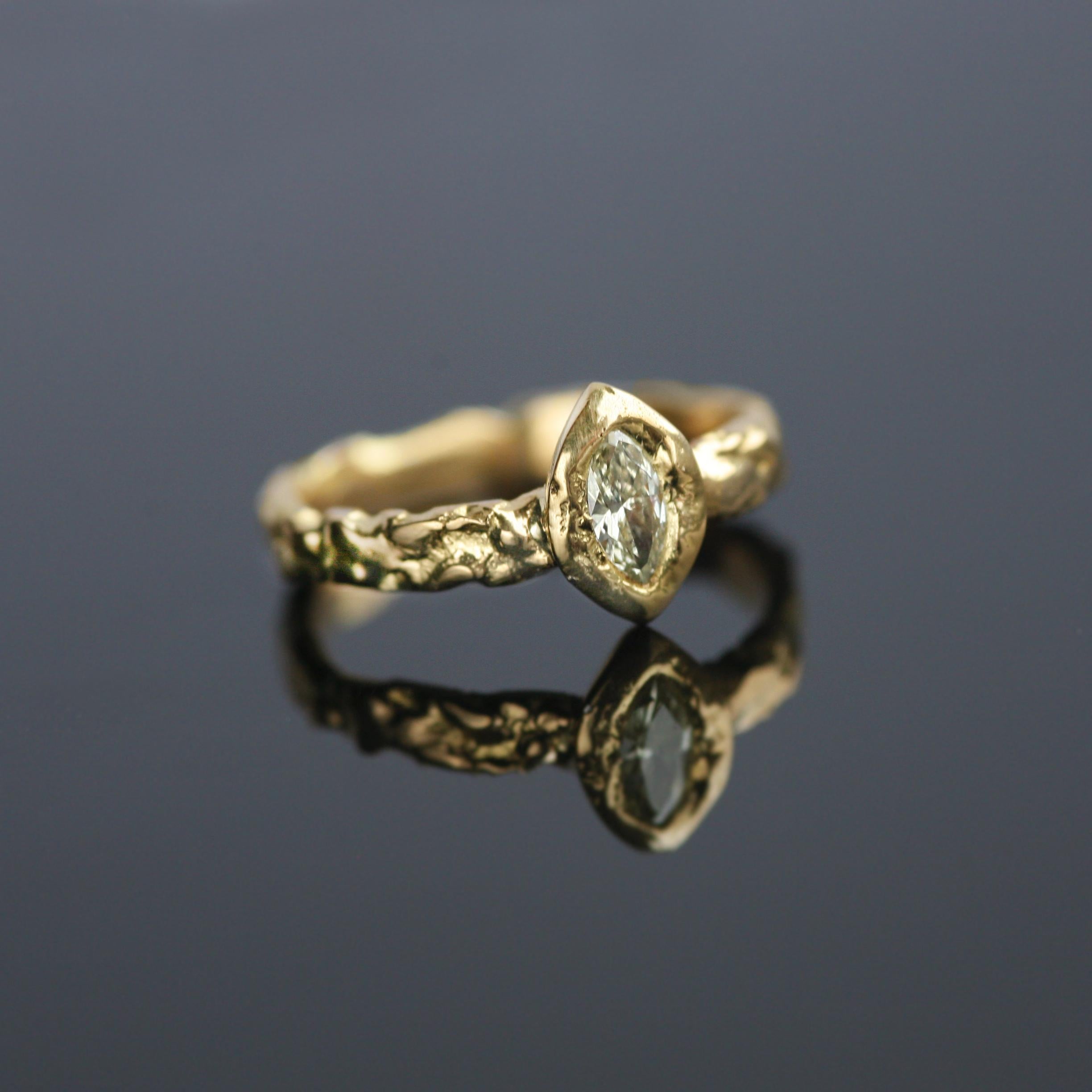 Modernist 0.25 Carat Yellow Marquise Cut Diamond Gold Engagement Ring For Sale
