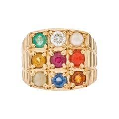 0.25 CT Diamond Multi Stone 18 KT Yellow Gold Sapphire Emerald Ruby Signet Ring