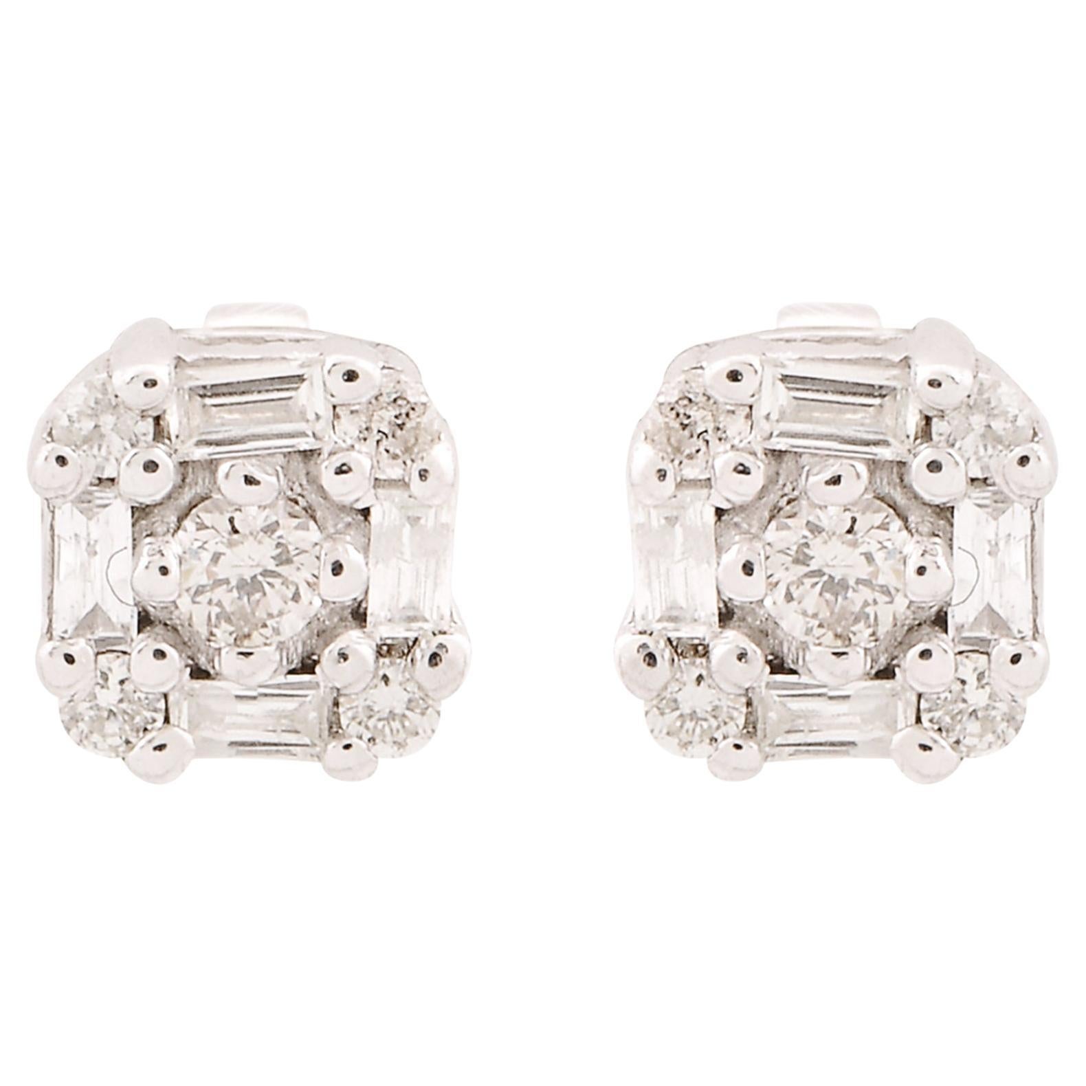 Boucles d'oreilles en or blanc 10 carats avec diamants ronds baguette SI/HI de 0,25 Ct en vente