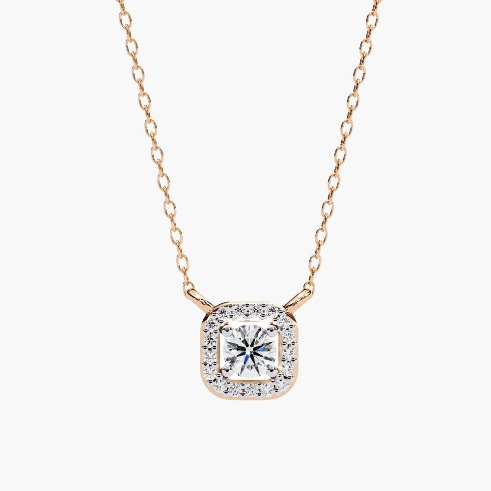 0.25 Ctw Solitaire Diamond Square Halo Necklace 14K Gold For Sale 5