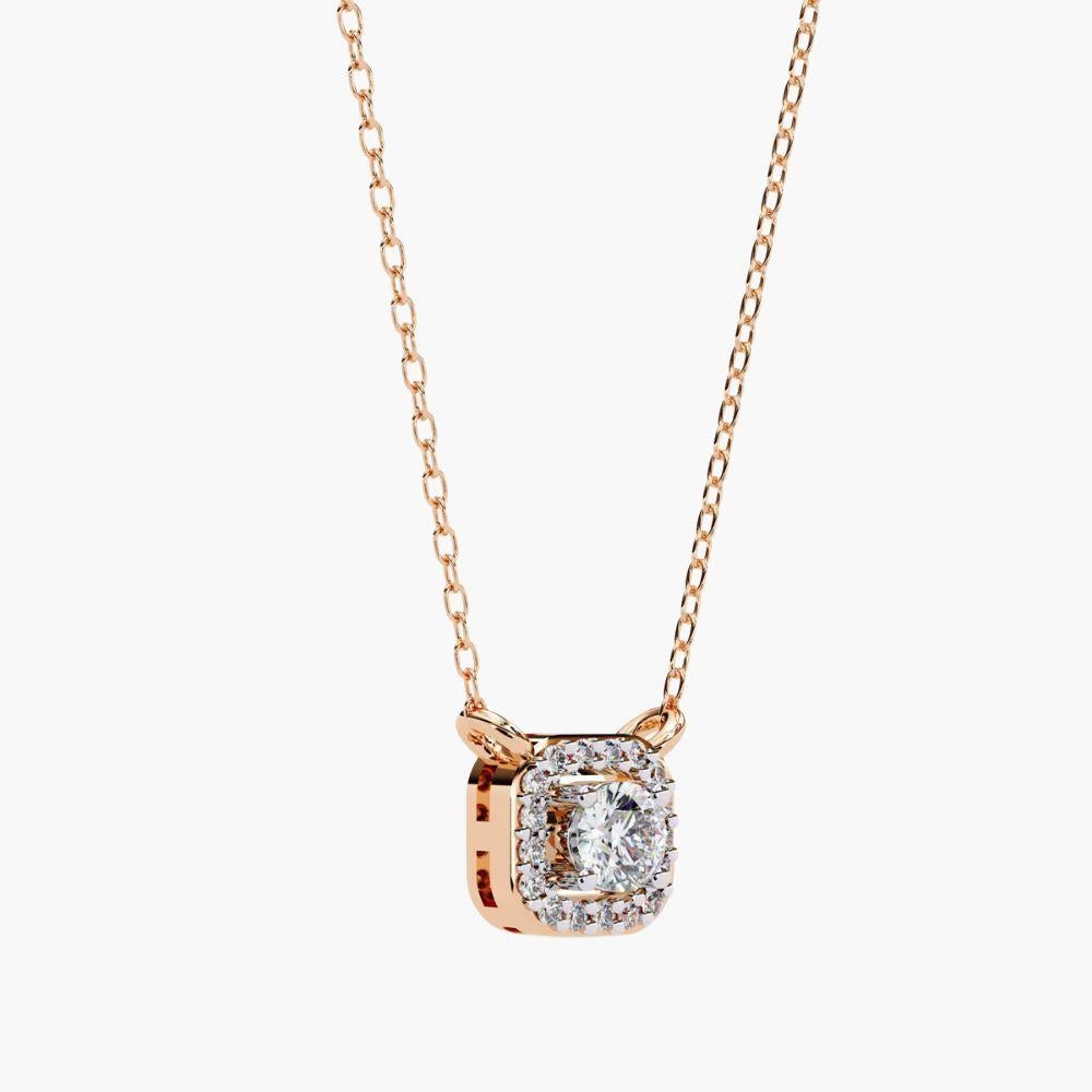 0.25 Ctw Solitaire Diamond Square Halo Necklace 14K Gold For Sale 7