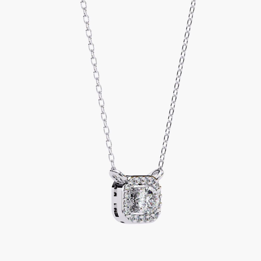 Round Cut 0.25 Ctw Solitaire Diamond Square Halo Necklace 14K Gold For Sale
