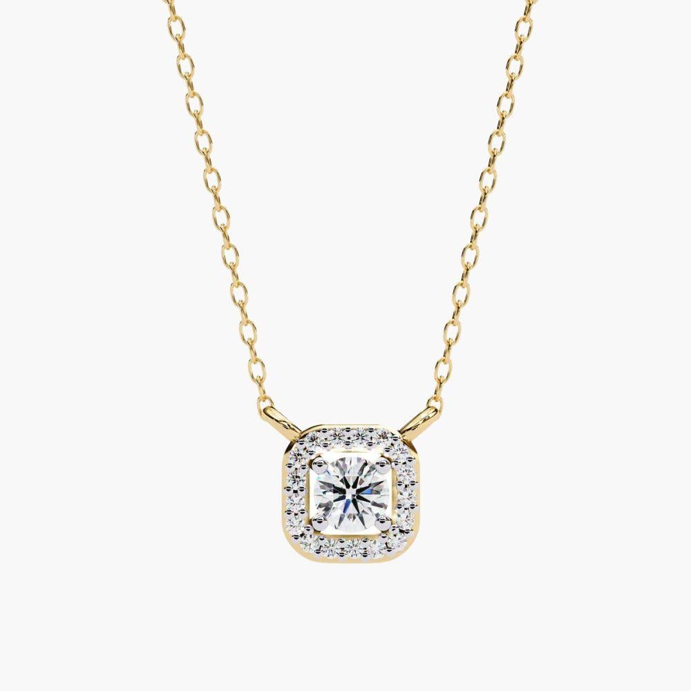 0.25 Ctw Solitaire Diamond Square Halo Necklace 14K Gold For Sale 1