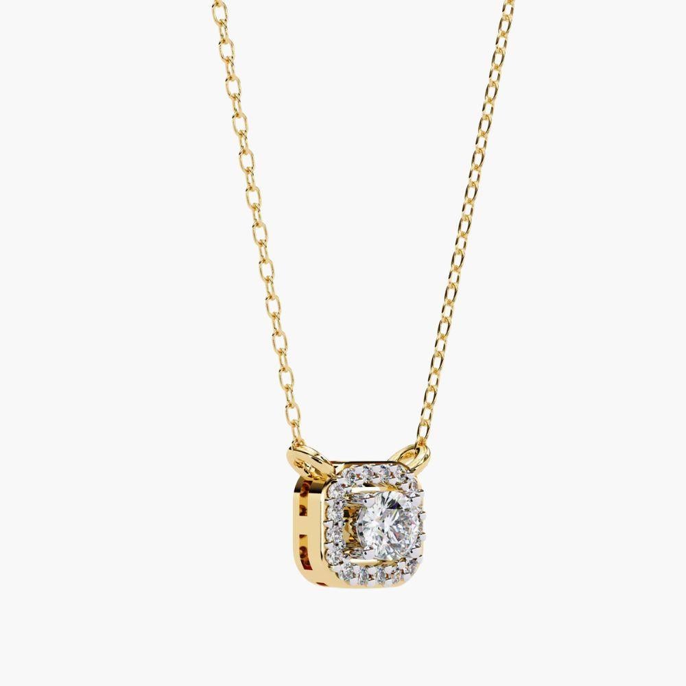 0.25 Ctw Solitaire Diamond Square Halo Necklace 14K Gold For Sale 3