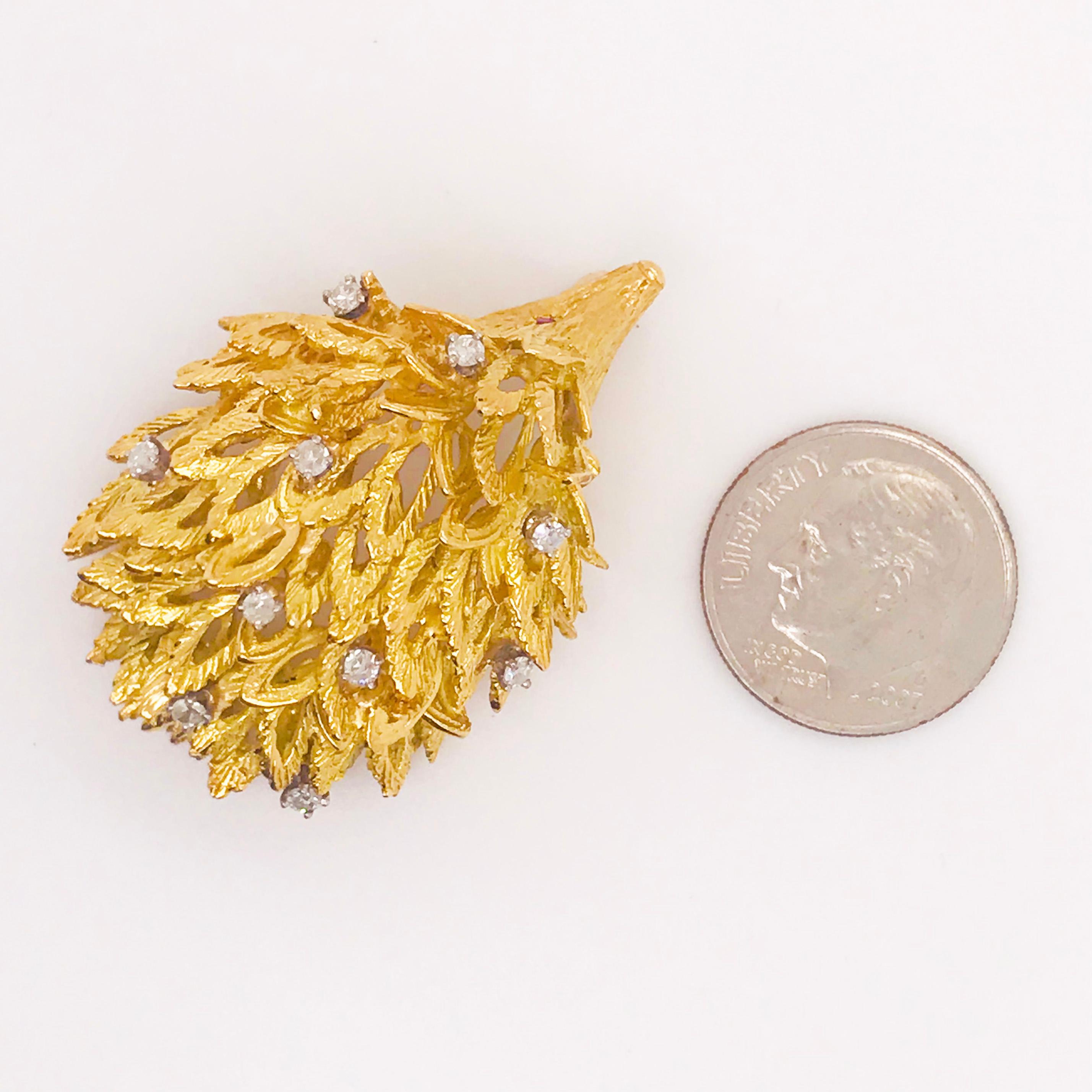 Gemstone Porcupine Brooch, 0.25 Diamond and Ruby, Pin, 14 Karat Gold XL Size 1