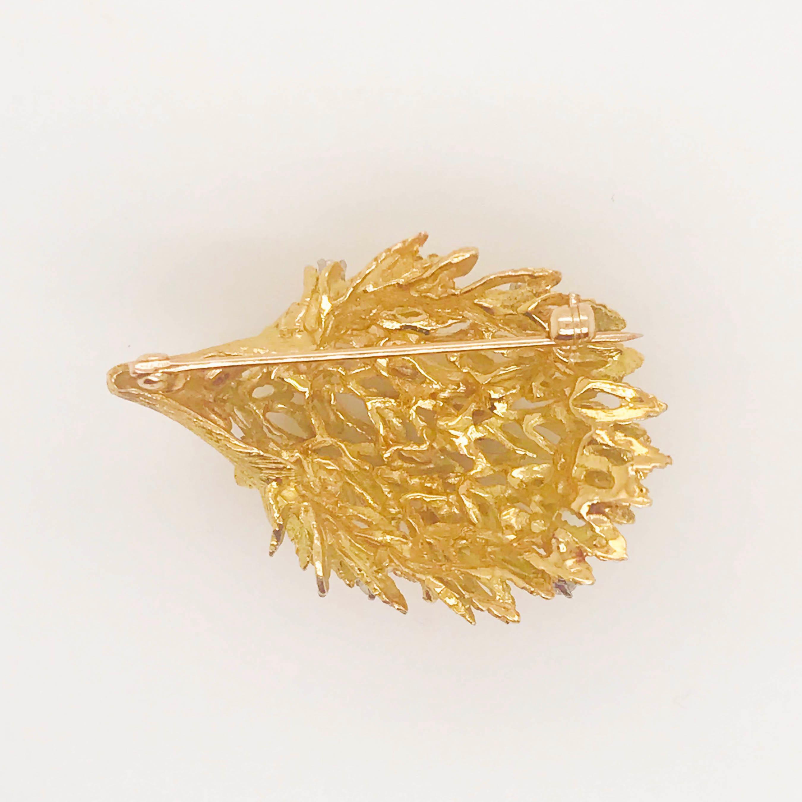 Gemstone Porcupine Brooch, 0.25 Diamond and Ruby, Pin, 14 Karat Gold XL Size 2