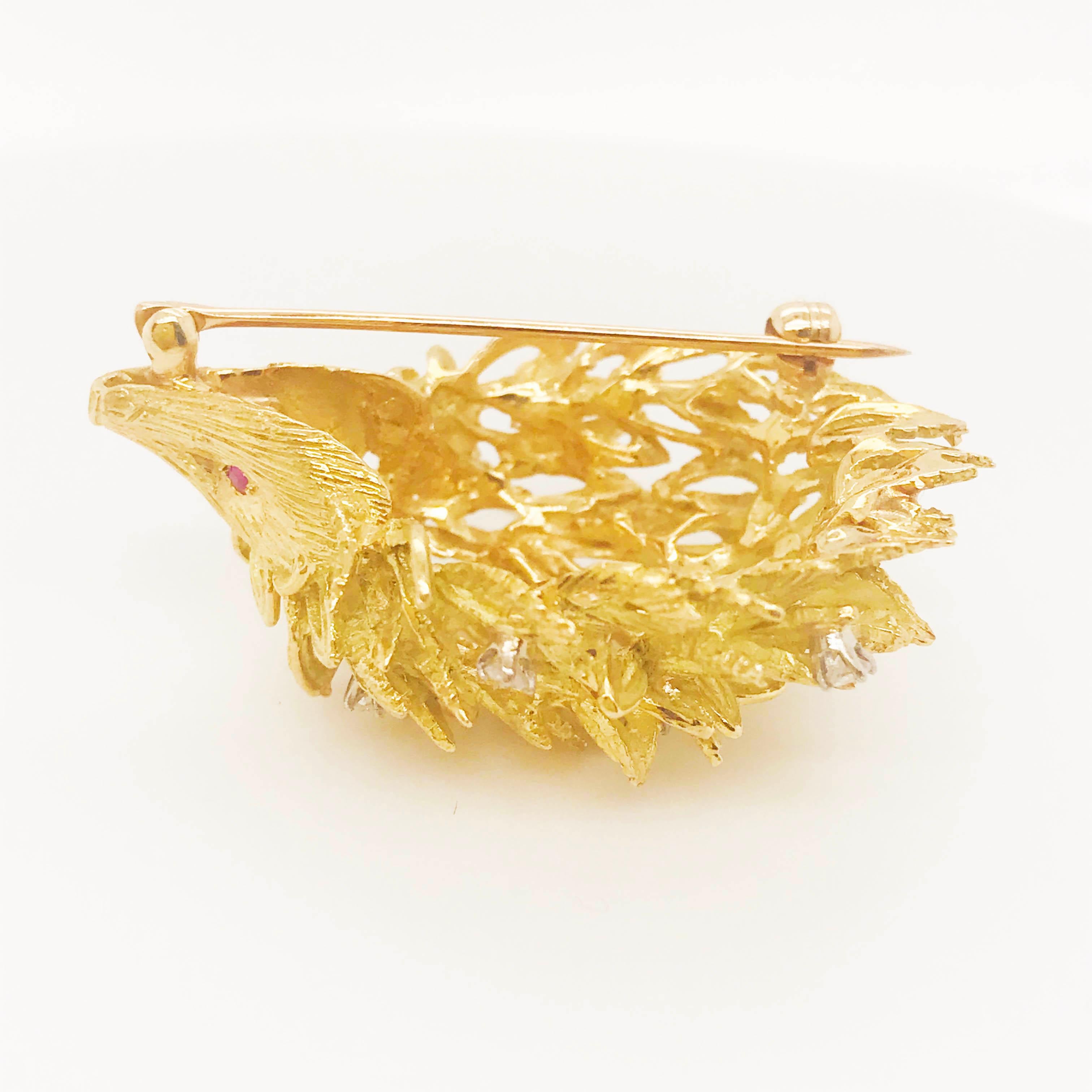 Gemstone Porcupine Brooch, 0.25 Diamond and Ruby, Pin, 14 Karat Gold XL Size 3