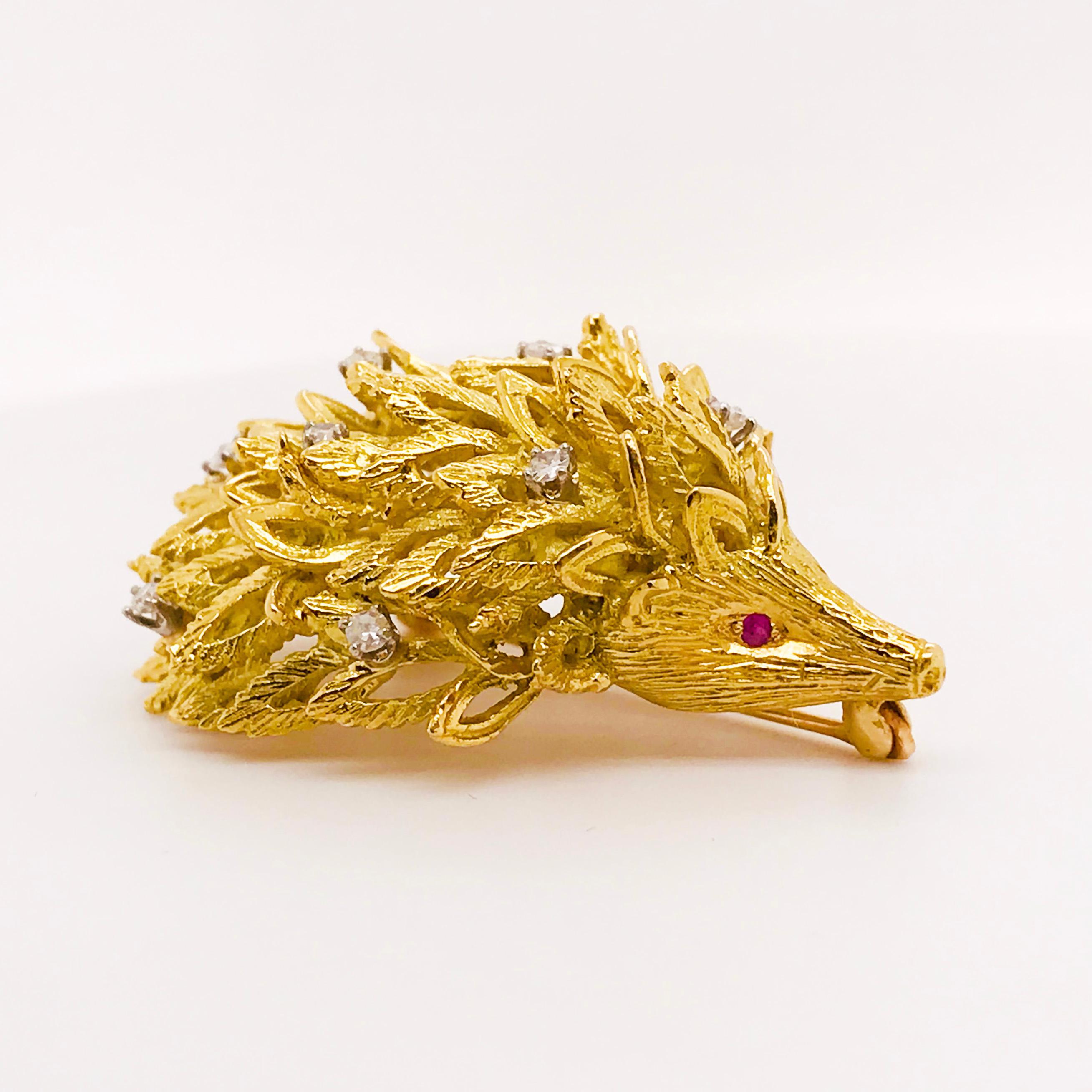 This fabulous, adorable 14kt gold diamond and ruby porcupine is so unique and fun! This adorable animal brooch has been handcrafted with 14k yellow gold, genuine diamonds and genuine ruby gemstones! The porcupine has a bark finish/texture that