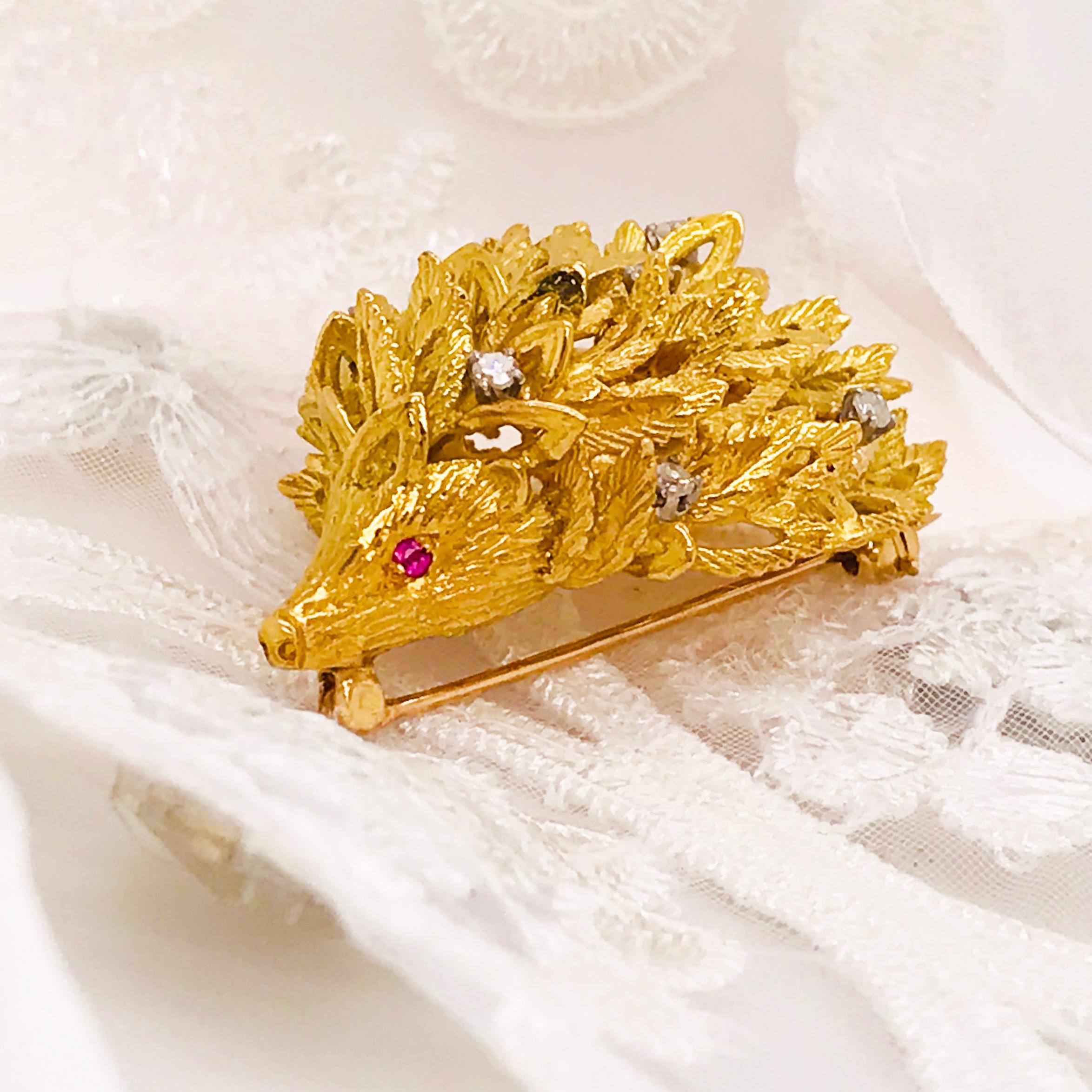 Artisan Gemstone Porcupine Brooch, 0.25 Diamond and Ruby, Pin, 14 Karat Gold XL Size