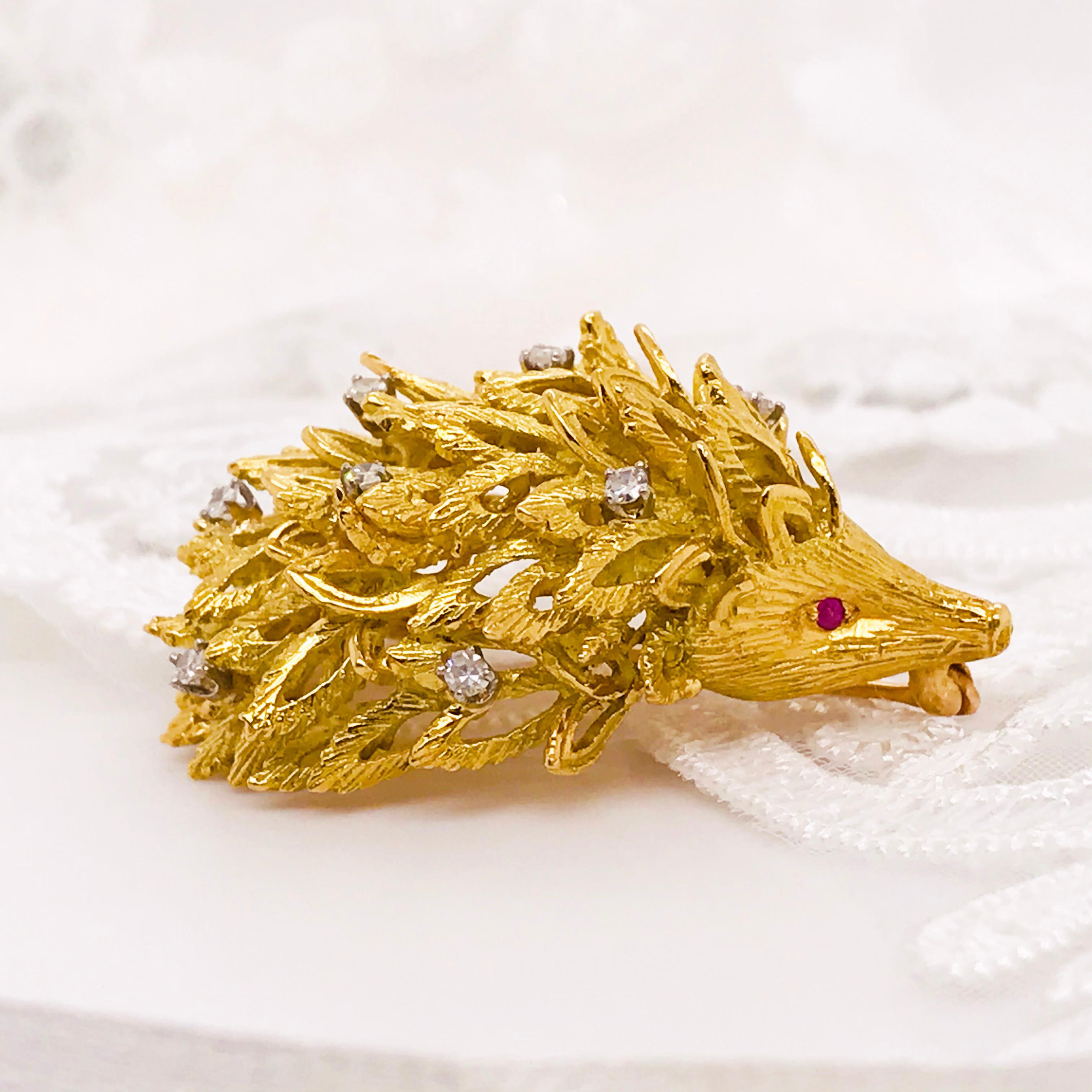 Gemstone Porcupine Brooch, 0.25 Diamond and Ruby, Pin, 14 Karat Gold XL Size In New Condition In Austin, TX