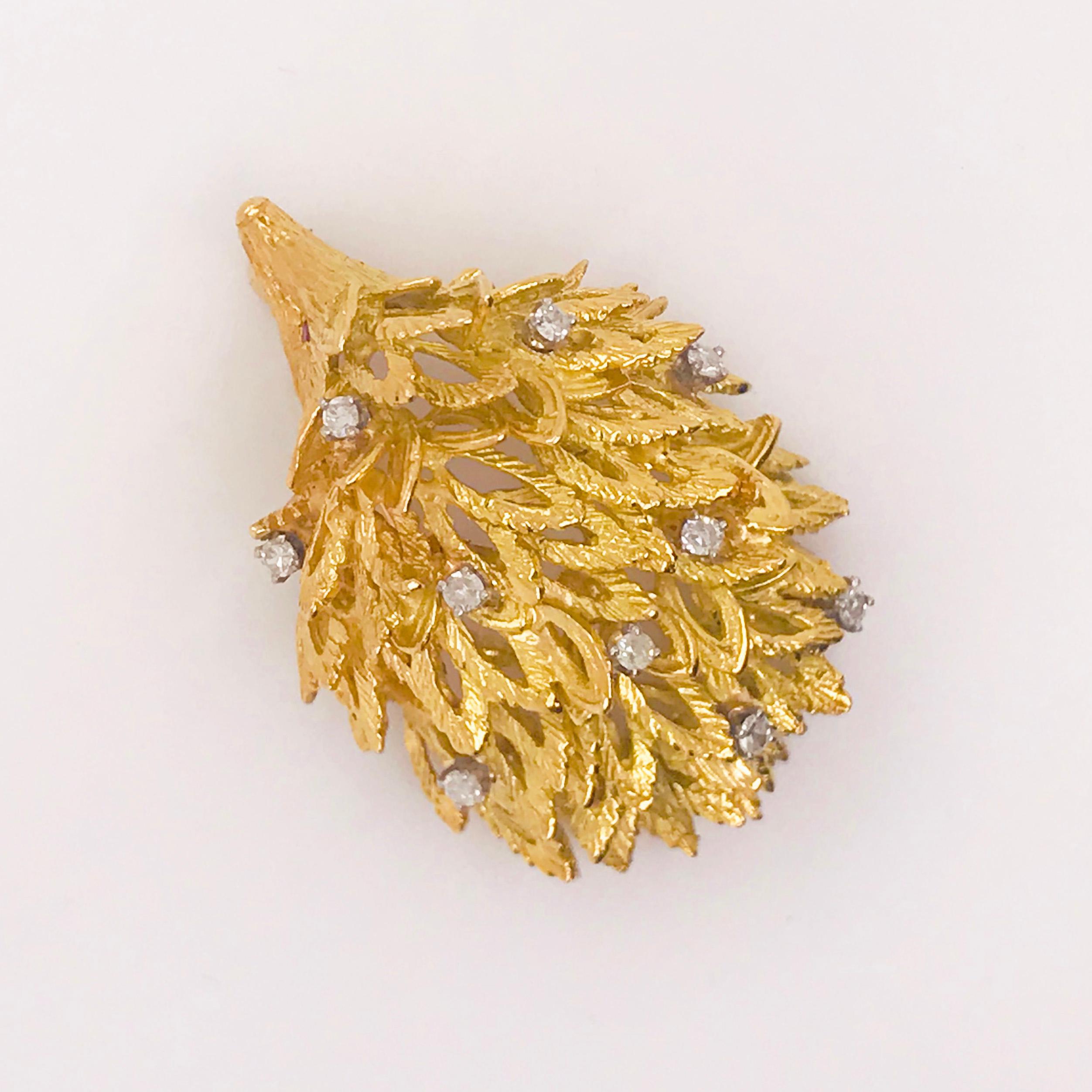 Women's Gemstone Porcupine Brooch, 0.25 Diamond and Ruby, Pin, 14 Karat Gold XL Size