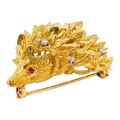 Gemstone Porcupine Brooch, 0.25 Diamond and Ruby, Pin, 14 Karat Gold XL Size