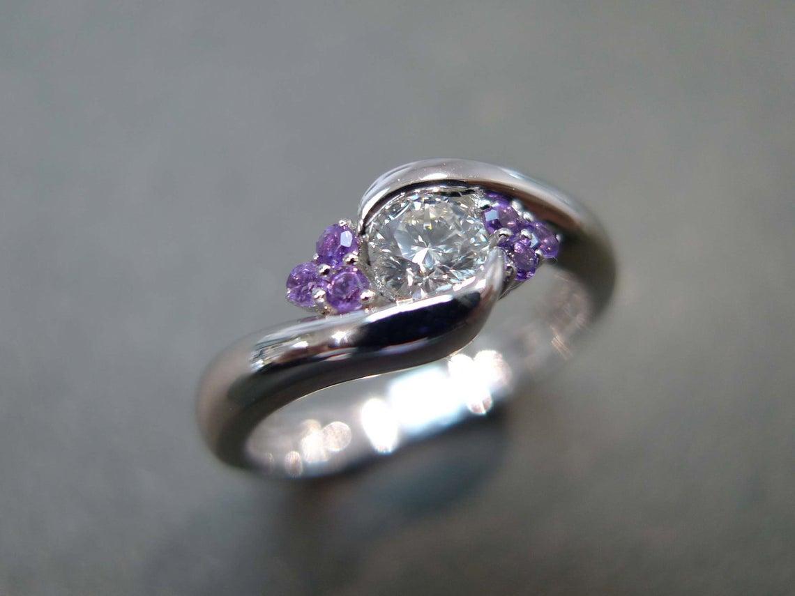 For Sale:  0.25ct Diamond and Amethyst Engagement Twist Tension Ring in 18K White Gold 2