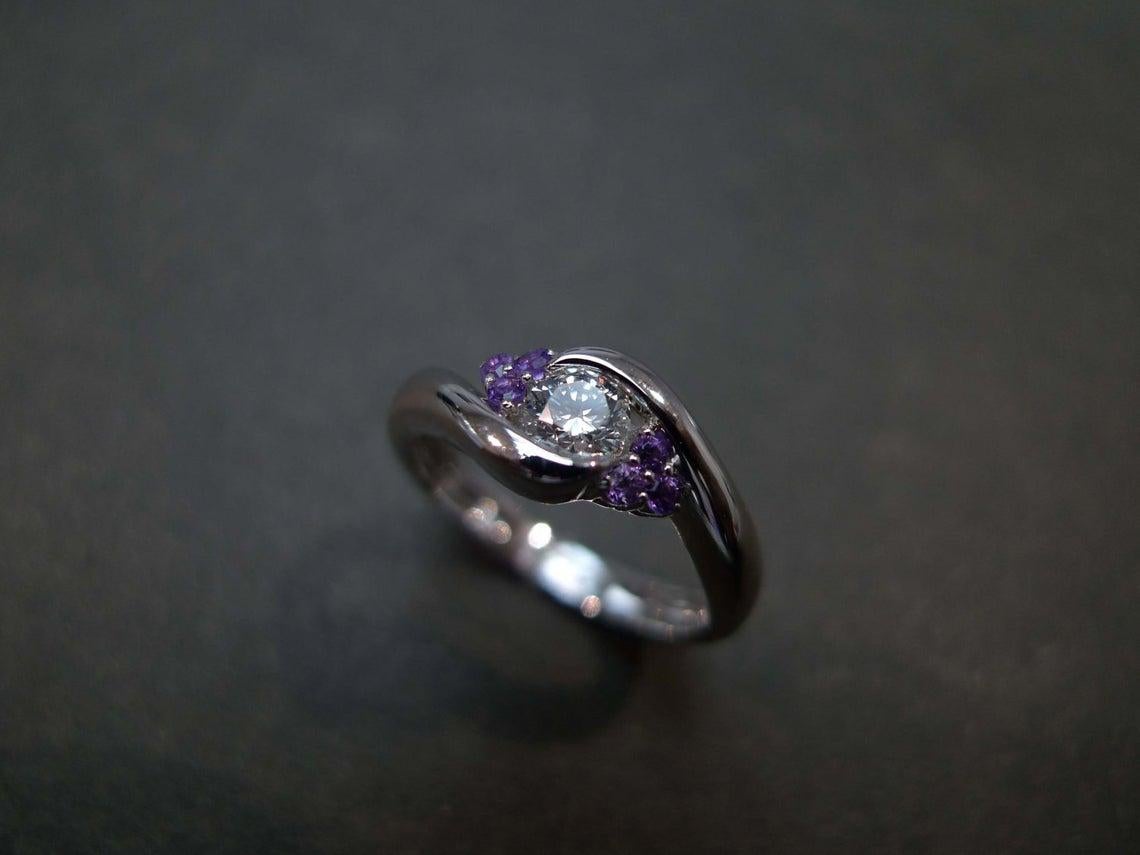 For Sale:  0.25ct Diamond and Amethyst Engagement Twist Tension Ring in 18K White Gold 5