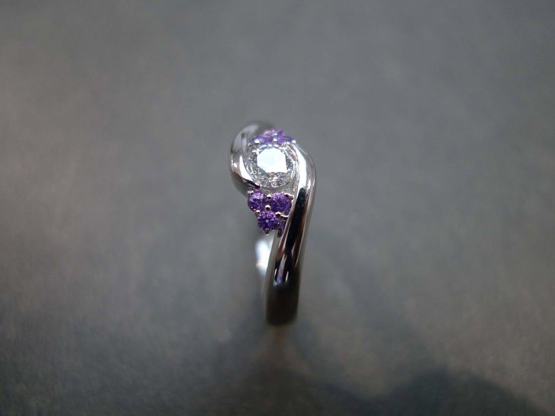 For Sale:  0.25ct Diamond and Amethyst Engagement Twist Tension Ring in 18K White Gold 6