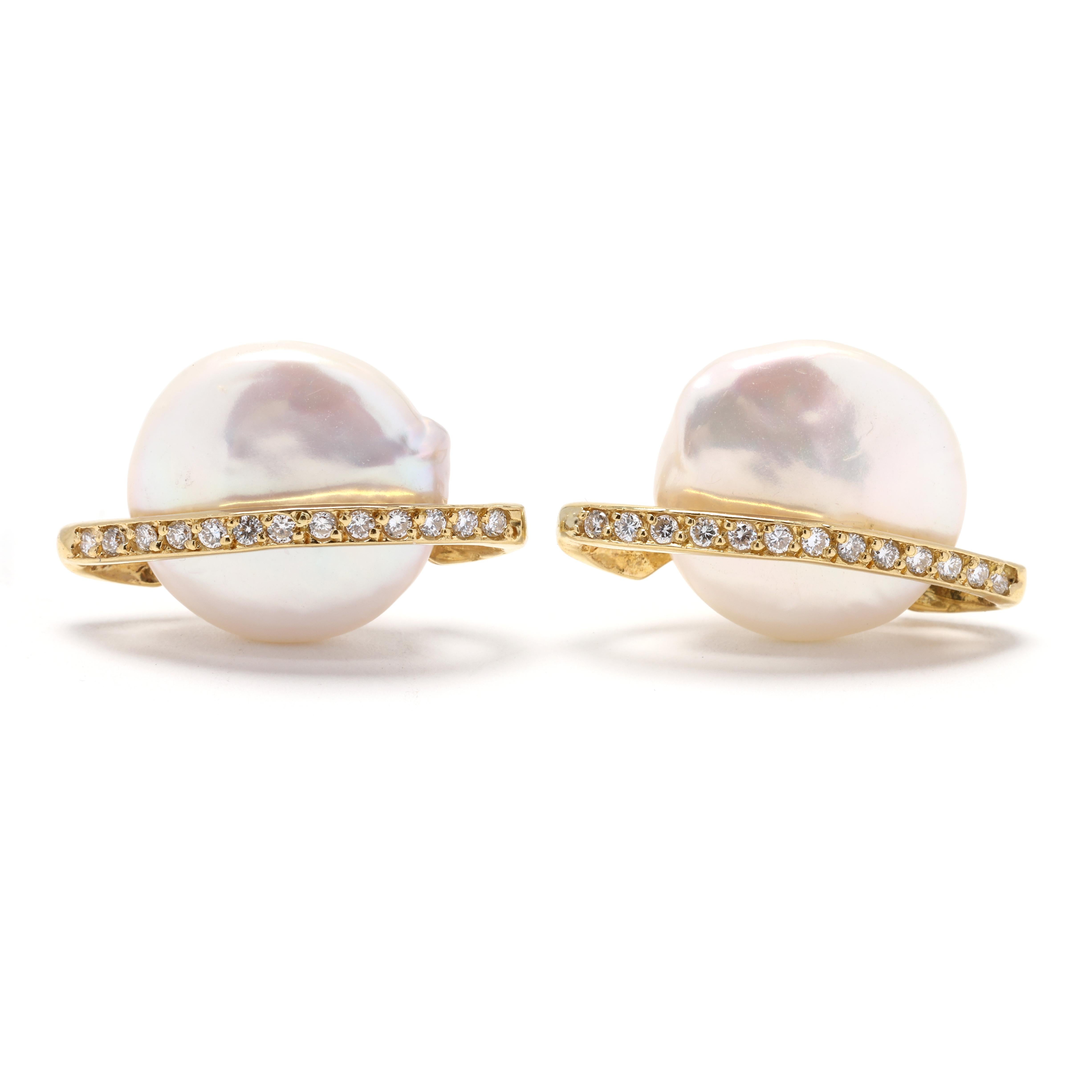 0.25ct Diamond and Pearl Earrings, 18k Yellow Gold, Large Button Pearl  For Sale