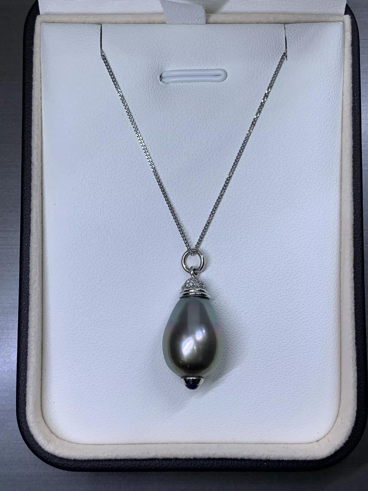 0.25ct Diamond Sapphire Tahitian Pearl Drop Chunky Necklace 18ct gold