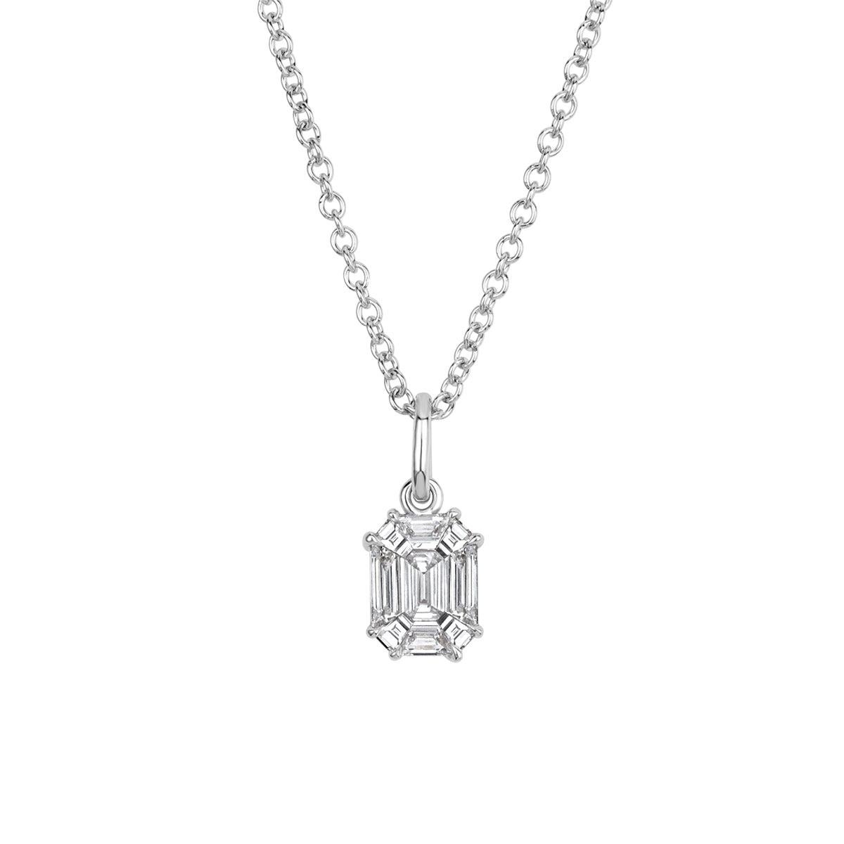 0.25ct Emerald and Trapezoid Cut Mosaic Diamond Pendant in 18k White Gold For Sale