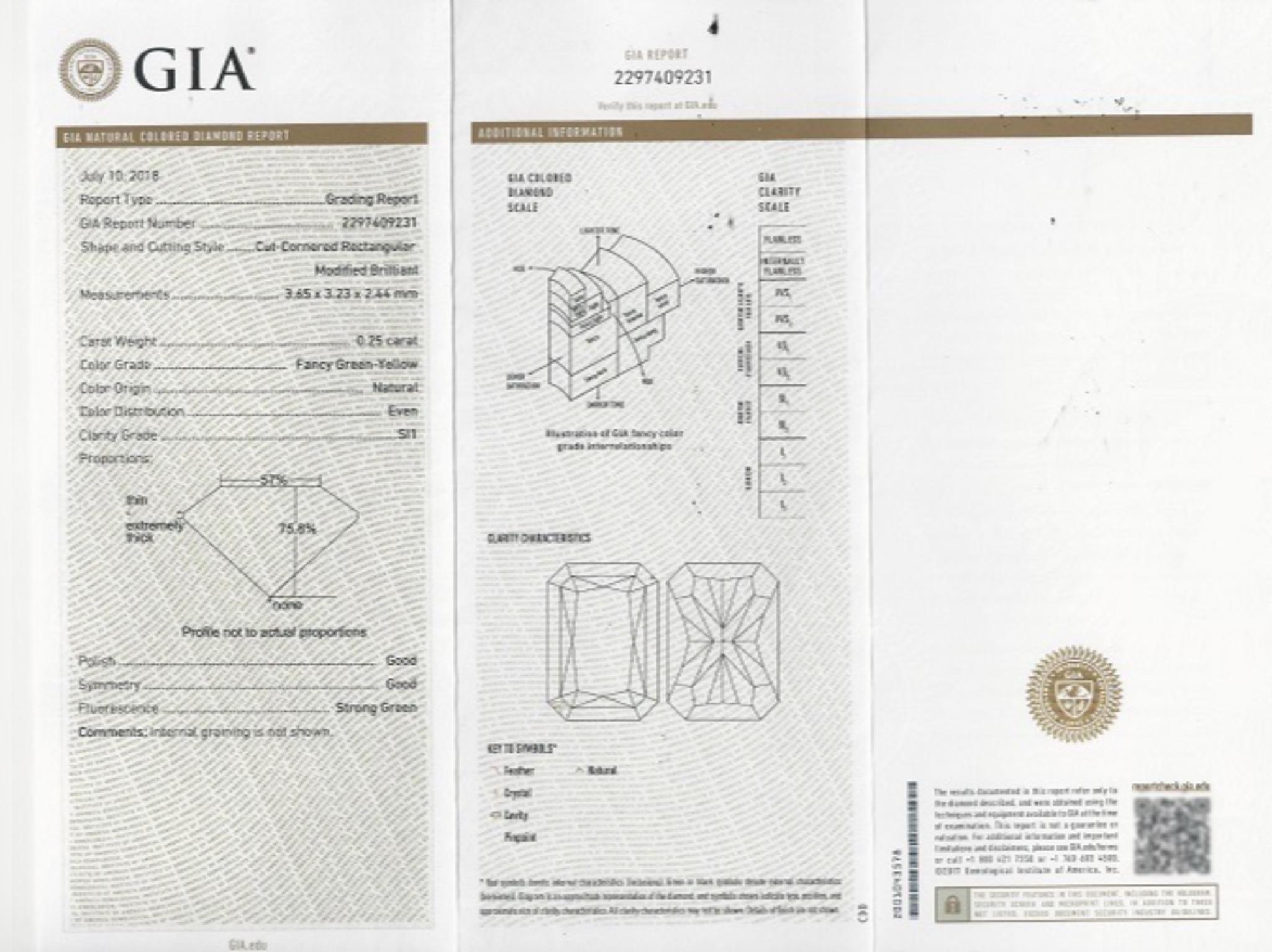 0.25Ct GIA Certificate Natural Diamond Fancy Green Yellow Color eye clean For Sale 2