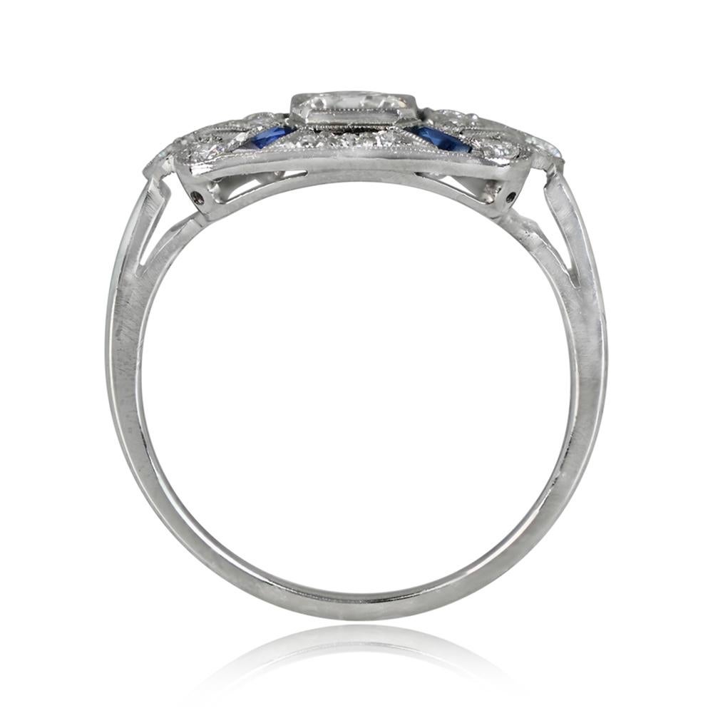 Art Deco Diamond and Sapphire Ring: This captivating ring exudes Art Deco elegance, highlighting a vibrant 0.25-carat old European cut diamond with J color and VS1 clarity. The design is enhanced with old European cut diamonds and caliber