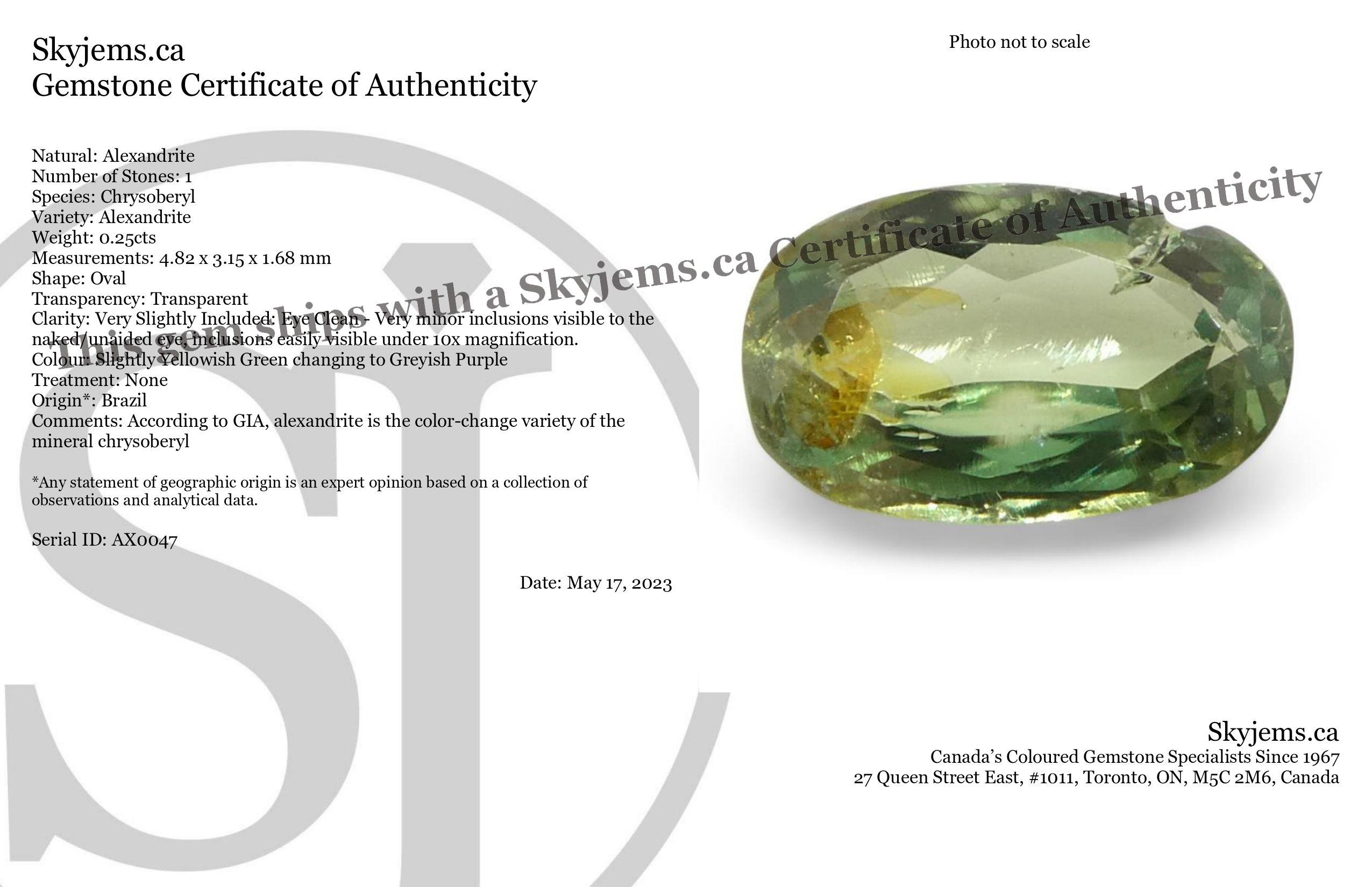 Description:

Gem Type: Alexandrite 
Number of Stones: 1
Weight: 0.25 cts
Measurements: 4.82 x 3.15 x 1.68 mm
Shape: Oval
Cutting Style Crown: Brilliant Cut
Cutting Style Pavilion: Brilliant Cut 
Transparency: Transparent
Clarity: Very Slightly