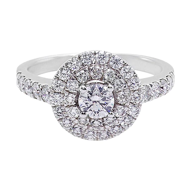 Bague de fiançailles en or blanc 18 carats avec double halo de diamants taille ronde brillants de 0,25 carat