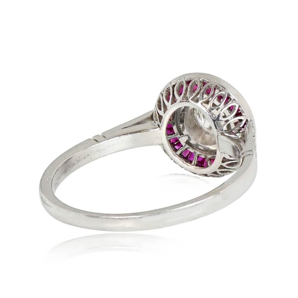 Art Deco 0.25ct Round Brilliant Cut Diamond Engagement Ring, I Color, Ruby Halo, Platinum For Sale
