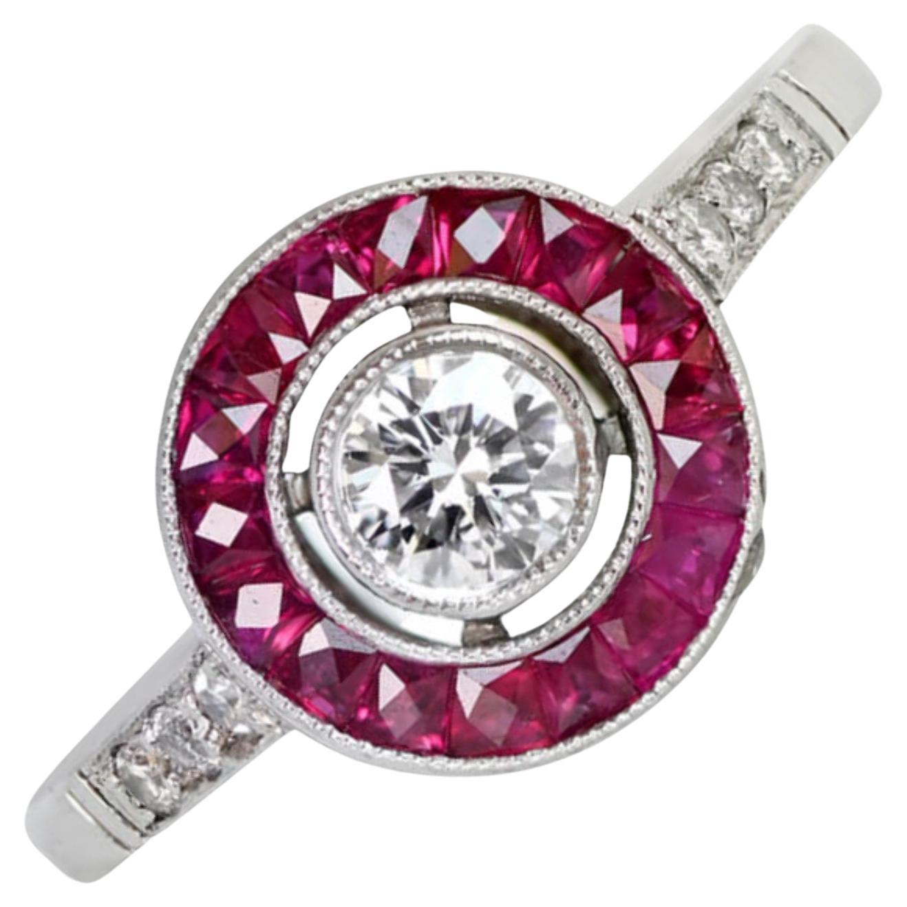 Bague de fiançailles avec un diamant rond de taille brillant de 0.25ct, couleur I, halo de rubis, platine