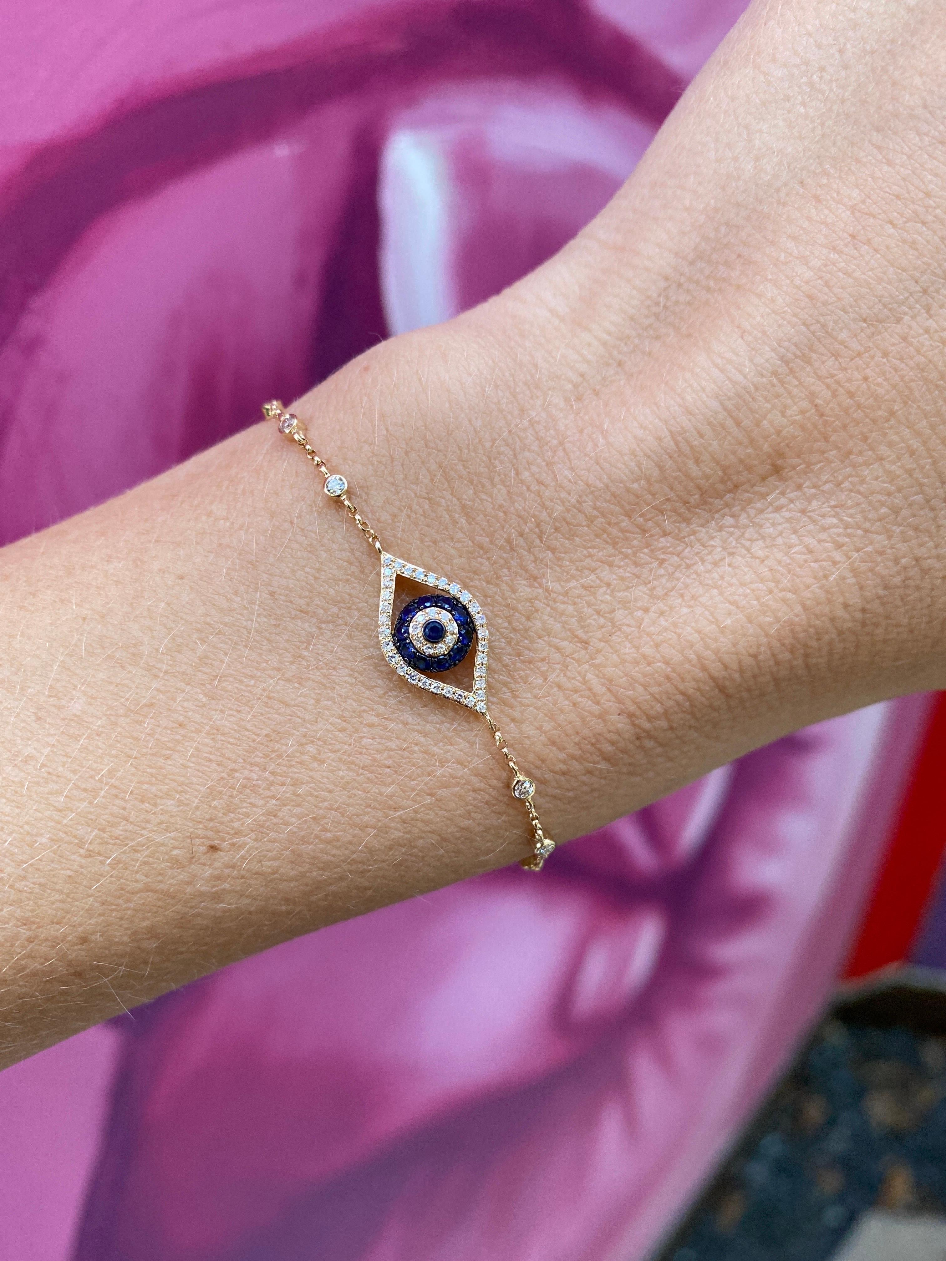 0.25ctq Diamond & 0.24ctw Sapphire Evil Eye 14 Karat Yellow Gold Bracelet  In New Condition For Sale In Houston, TX