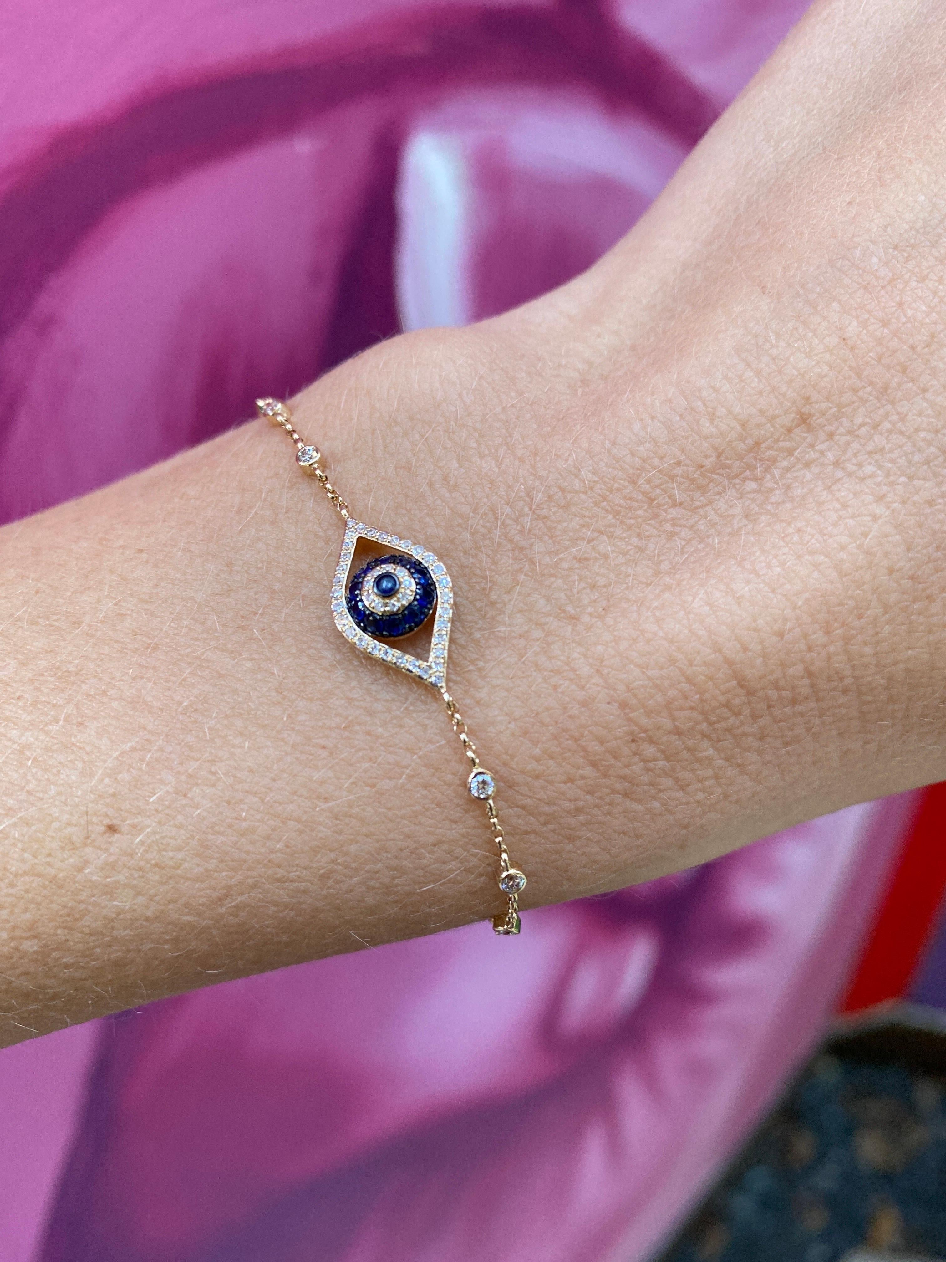 0.25ctq Diamond & 0.24ctw Sapphire Evil Eye 14 Karat Yellow Gold Bracelet  For Sale 1