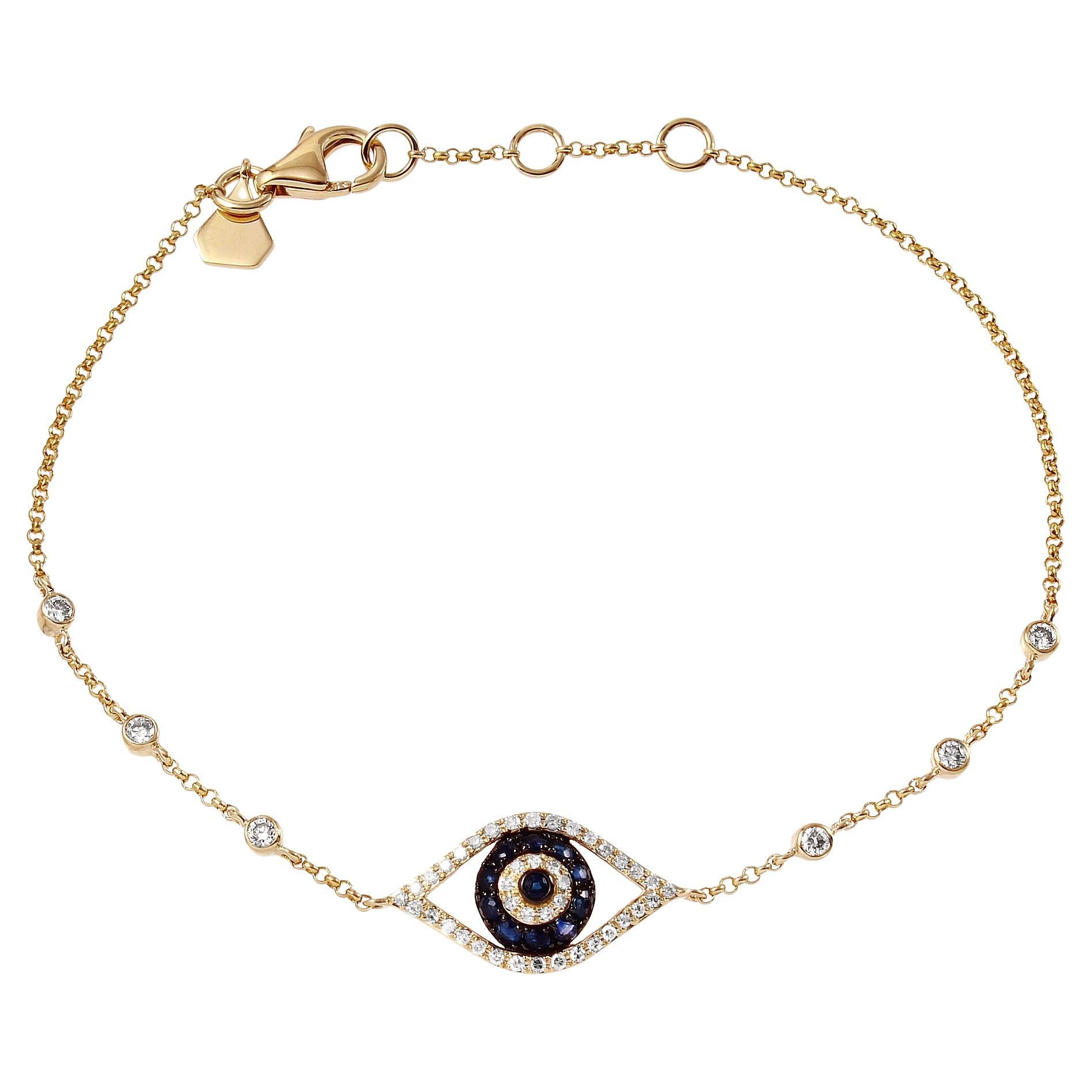 0.25ctq Diamond & 0.24ctw Sapphire Evil Eye 14 Karat Yellow Gold Bracelet  For Sale
