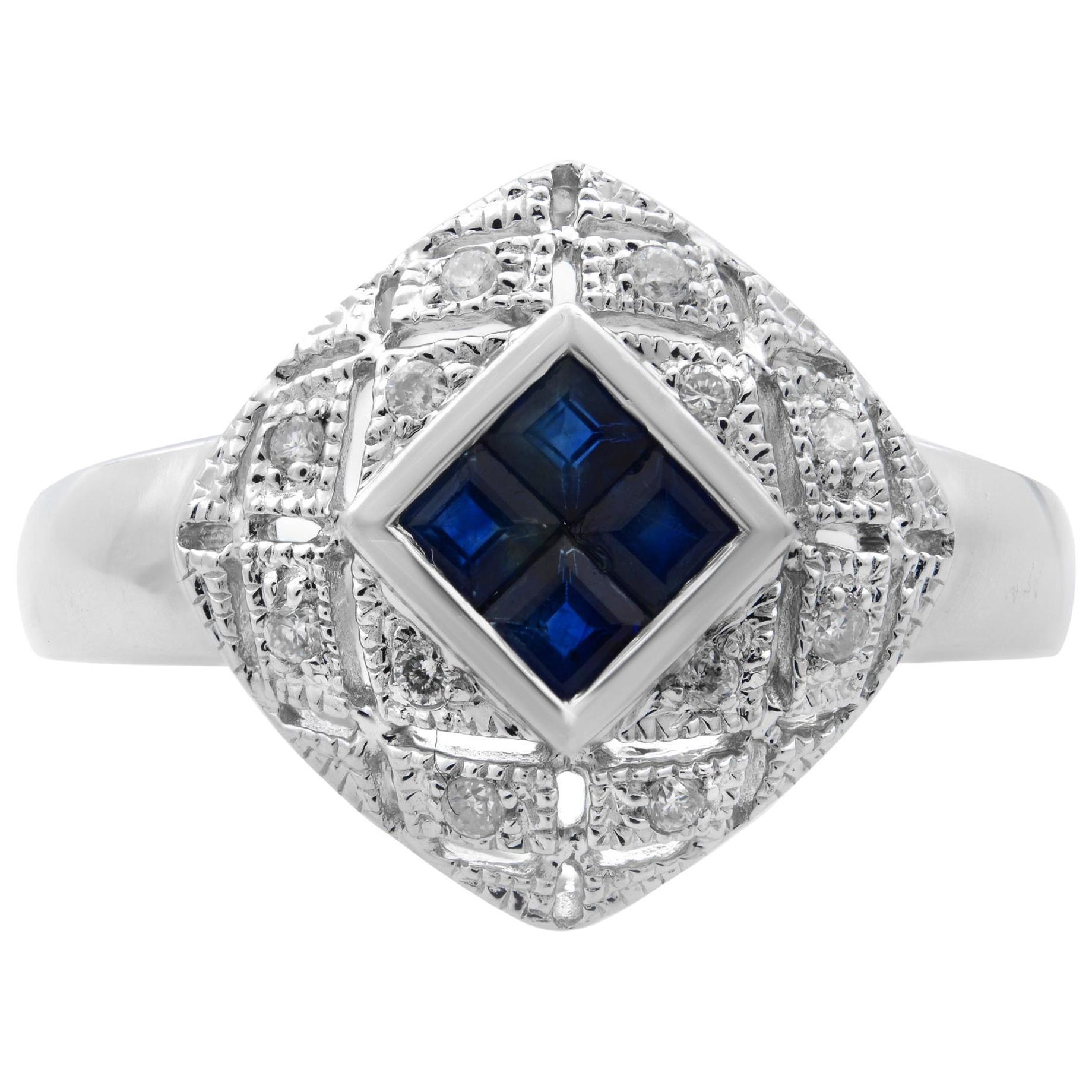 Bague pour femme en or blanc 14 carats avec saphir bleu 0,25 carat et diamants 0,10 carat en vente